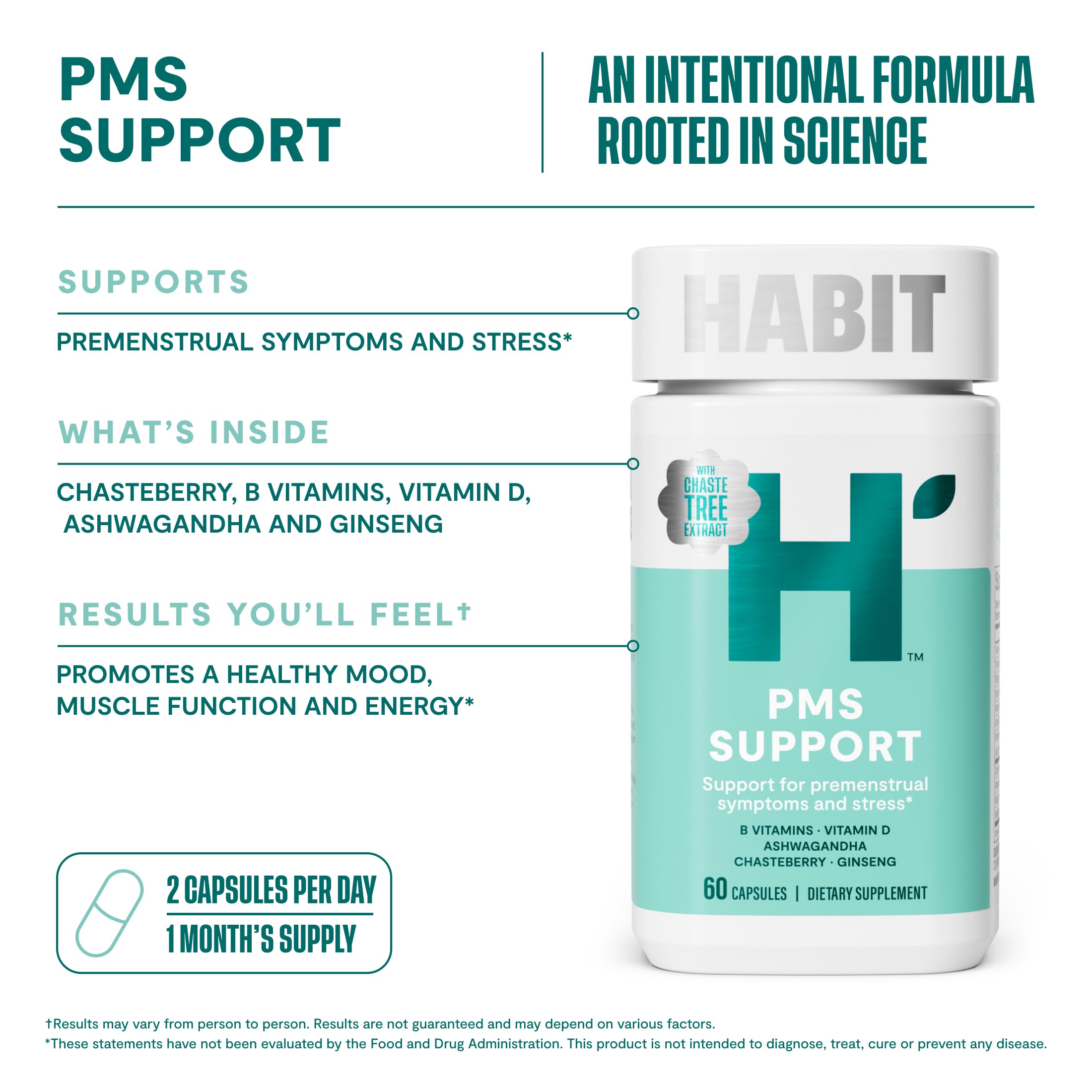 Habit PMS Support Supplement for Women (60 Capsules) - Supports Premenstrual Symptoms & Stress, Hormone Balance, Mood, B Vitamins, Vitamin D, Chasteberry, Ashwagandha, Gluten-Free, Non-GMO (1 Pack) H' Habit buy supplements canada
