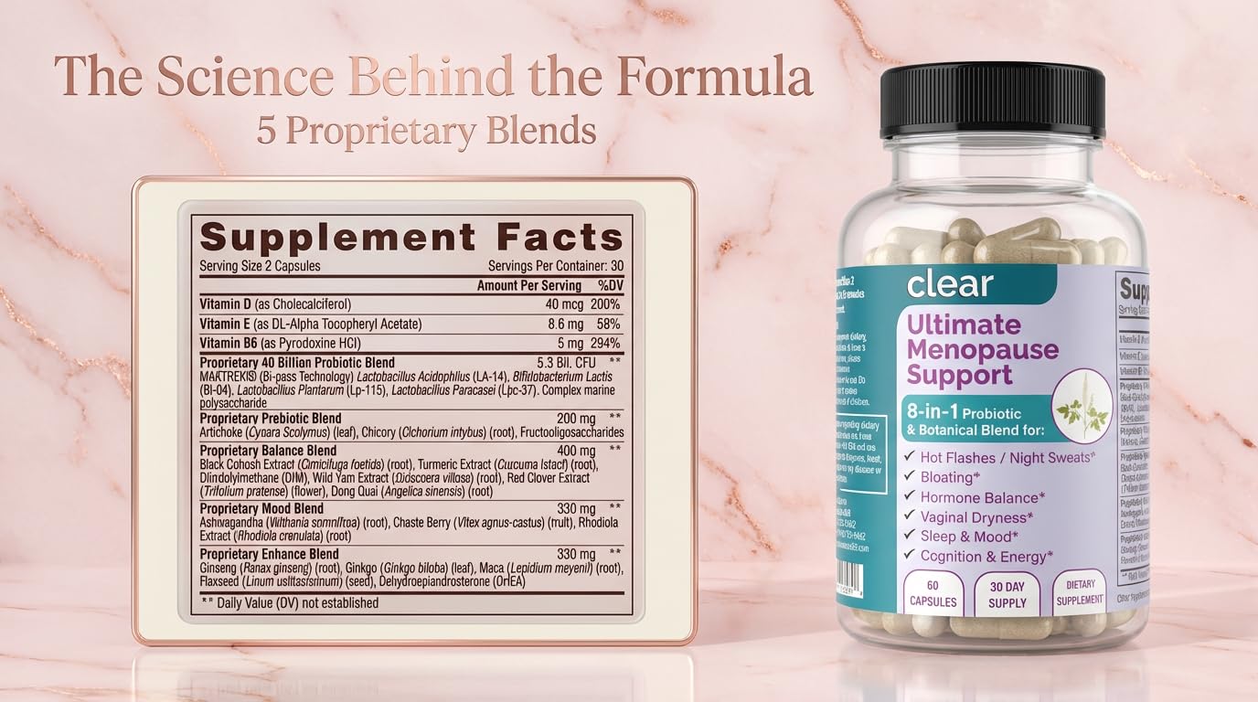 Clear Menopause Support for Women | 25-in-1 Formula with Black Cohosh, Dong Quai, Pre & Probiotics | Hot Flashes, Night Sweats, Mood, Sleep & Digestion | Hormone-Free | Made in USA | 60 Capsules Clear Probiotics buy supplements canada