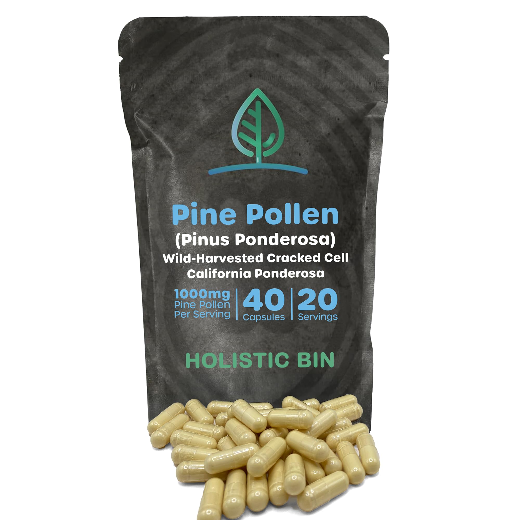 Holistic Bin Pine Pollen Capsules 500mg (Pinus Ponderosa) - Wild Harvested California Ponderosa Pine Pollen Powder - Olympic Grade - Organic, Non-GMO, No Fillers - 30 Day Supply (40 Capsules) Holistic Bin buy supplements canada