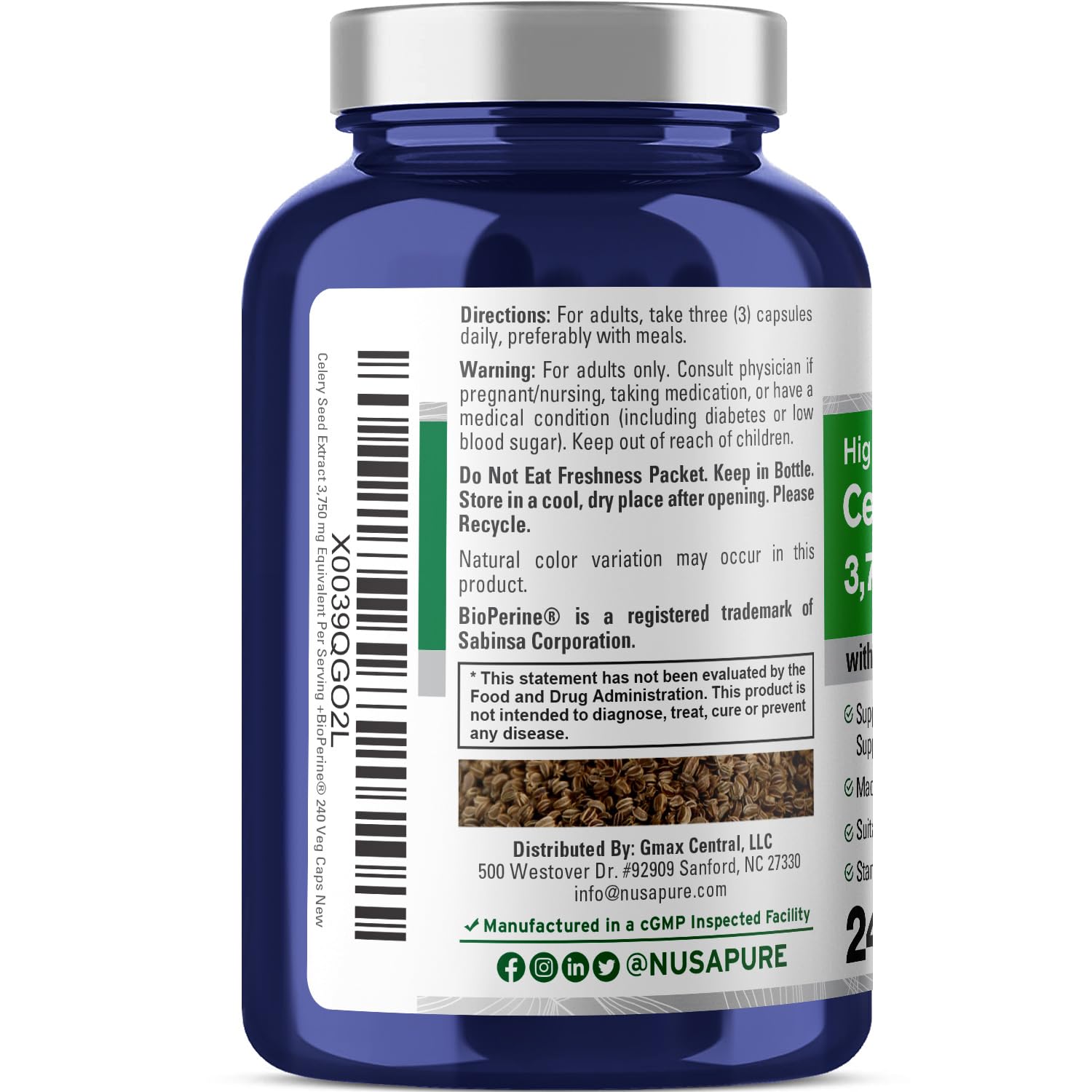 NusaPure Celery Seed Capsules 10:1 Extract, 375 mg Equivalent to 3750mg, 240 Veggie Caps, Non-GMO, Vegan NusaPure buy supplements canada