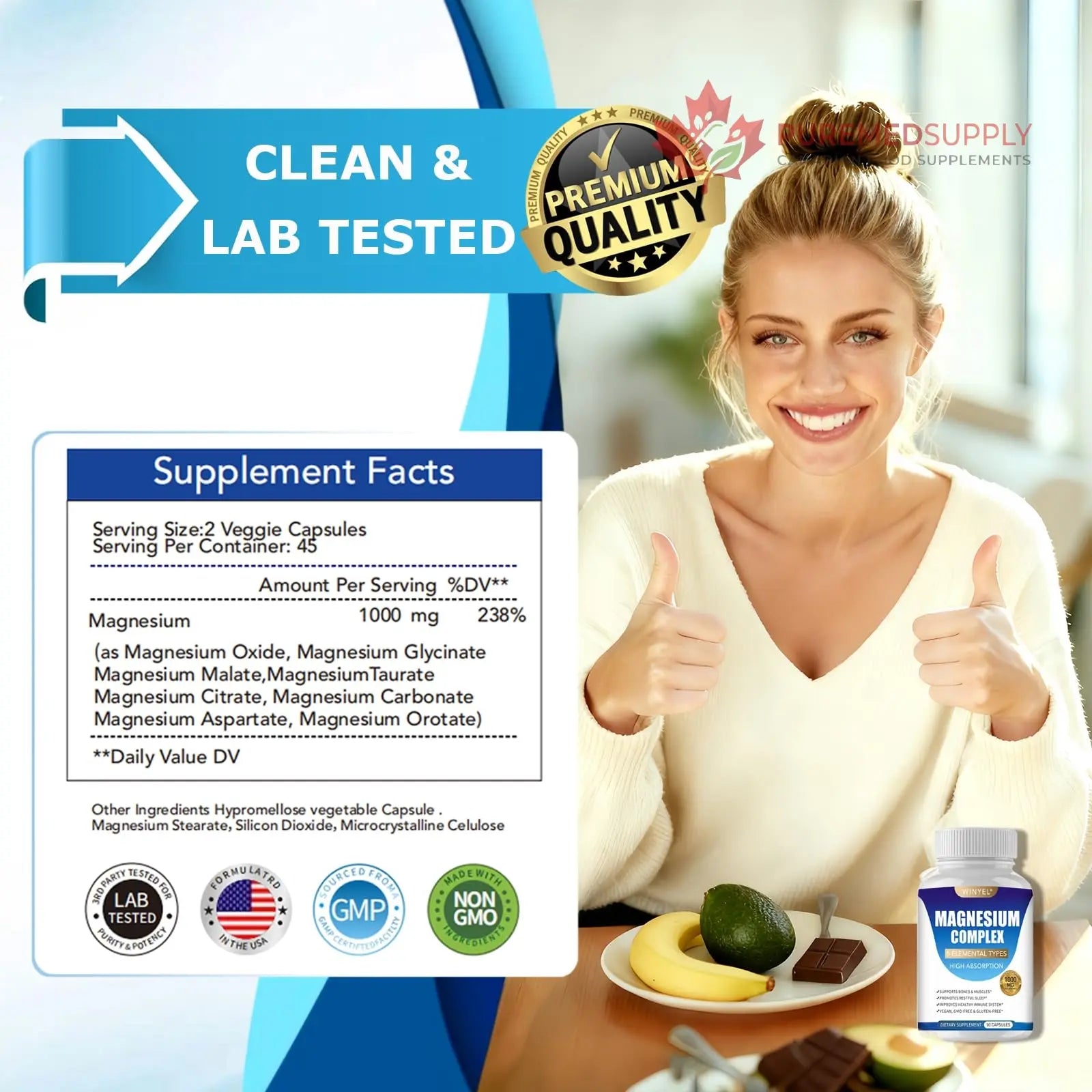 Magnesium Complex Supplement 8 Elemental 1000mg | Magnesium Supplement with Glycinate, Malate, Citrate | Sleep, Relaxation, Bone & Muscle | Vegan 90 Capsules WINYEL buy supplements canada