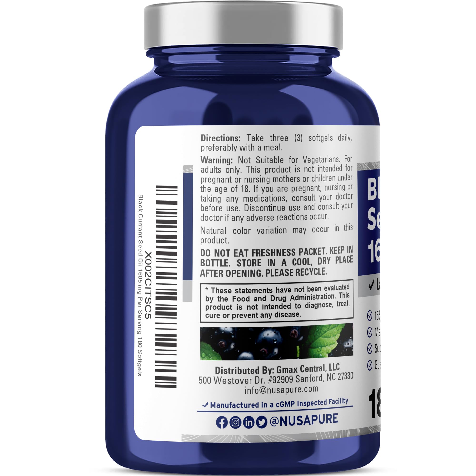 NusaPure Black Currant Seed Oil 1605 mg Gamma Linoleic Acid (GLA) 15% 180 Softgels (Non-GMO, Soyfree) NusaPure buy supplements canada