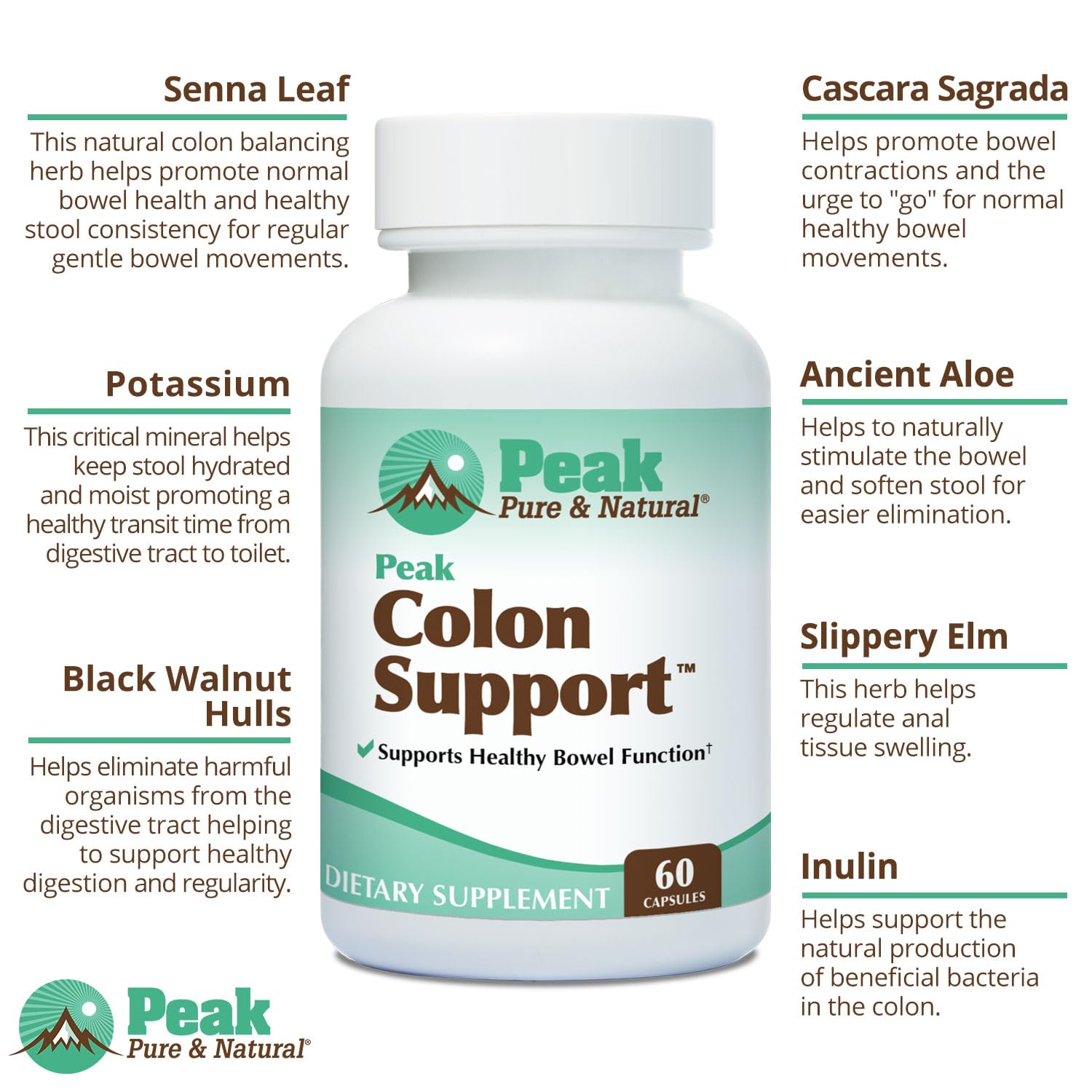 Peak Pure & Natural Colon Support - Colon Cleanse and Detox Supplement for Digestive Health - Gut Health Support with Inulin and Senna Leaf Extracts - with Fiber, Prebiotics, and Probiotics - 1 Pack Peak Pure & Natural buy supplements canada