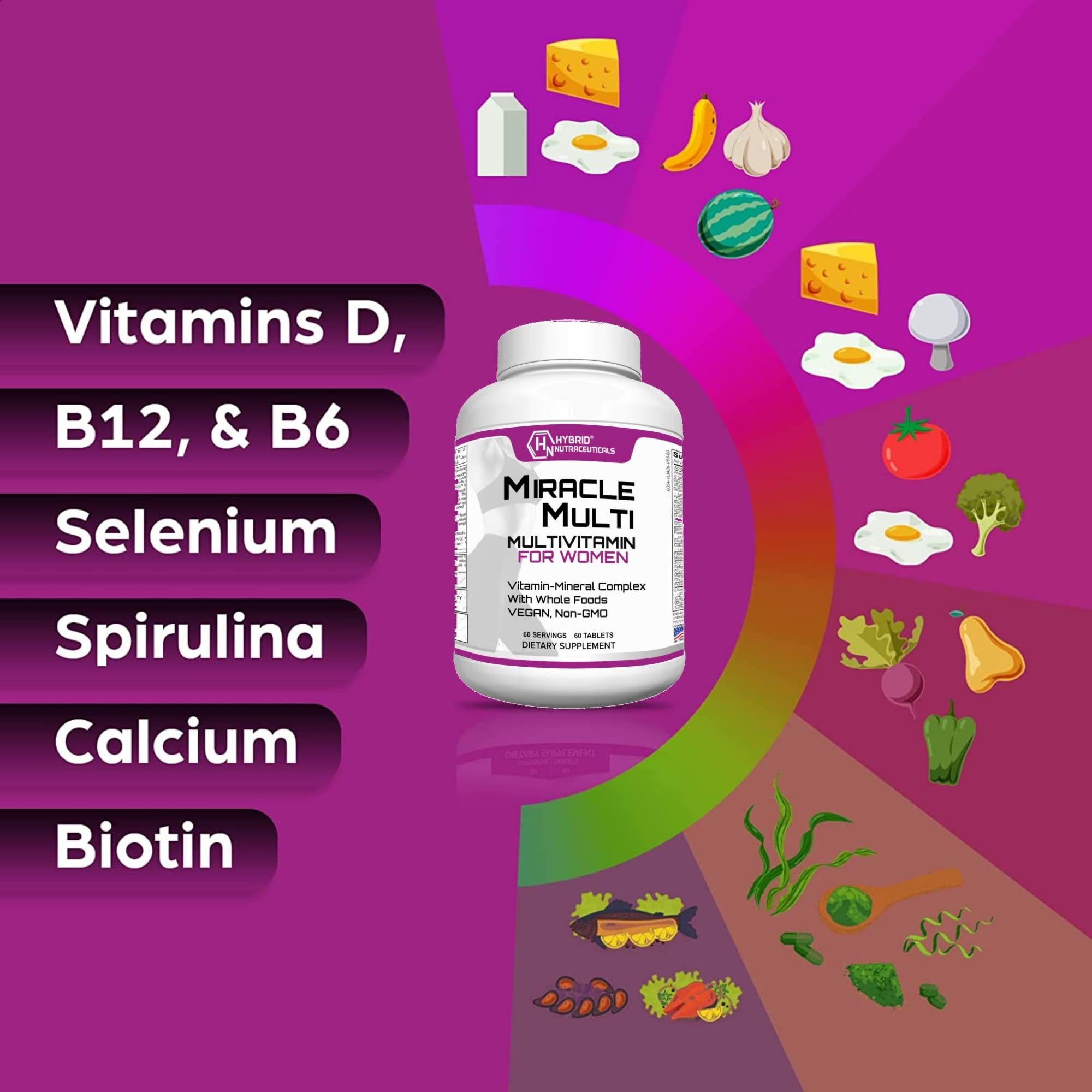 Hybrid Nutraceuticals MiracleMulti Women Multivitamin with Probiotics, Biotin, Folic Acid, Enzymes + Fruit & Vegetable Blend - Immune Support, Heart Health, Energy: 60 Servings (Non-GMO) Hybrid Nutraceuticals buy supplements canada