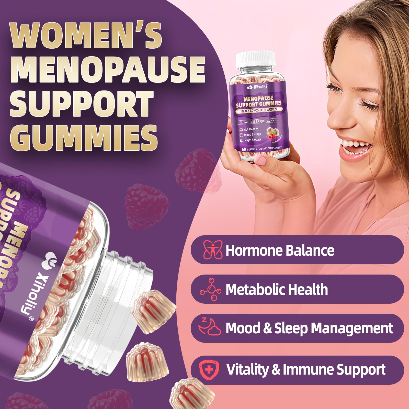 Menopause Supplements for Women with Black Cohosh, Menopause Relief Sugar Free Gummies for Hot Flashes, Natural Female Hormone Balance & Ashwagandha, Magnesium for Night Sweats, Mood Swings, 60 Count XIHOLIY buy supplements canada