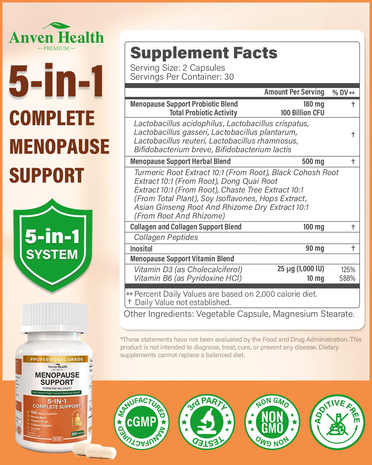 Anven Health Menopause Supplements for Women, Vitamin D3 & B6, Menopause Relief Probiotics Supports Hot Flashes, Night Sweats, Bloating & Gut Health with Black Cohosh, Herbs, Collagen | 60 Veggie Caps Anven Health buy supplements canada