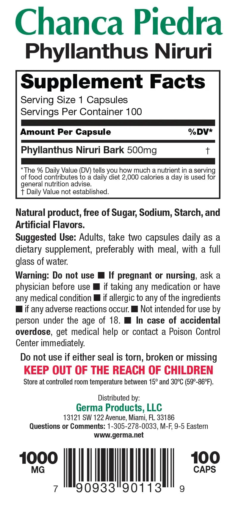 Germa Chanca Piedra Supplement – 500mg Phyllanthus Niruri – Traditional Stone Breaker Herb for Urinary & Kidney Support – Rainforest Botanical – 100% Natural Vegan Capsules, 100 Count Germa buy supplements canada