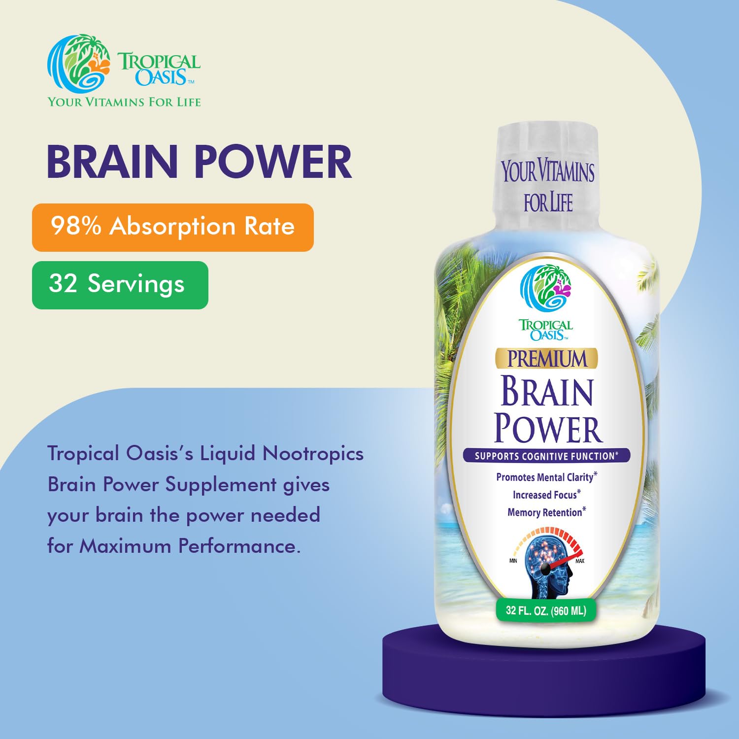 Tropical Oasis - Brain Power | Liquid Nootropic Supplement - Promotes Mental Clarity, Focus, and Memory Retention (Unflavored, 32 Servings) Tropical Oasis buy supplements canada