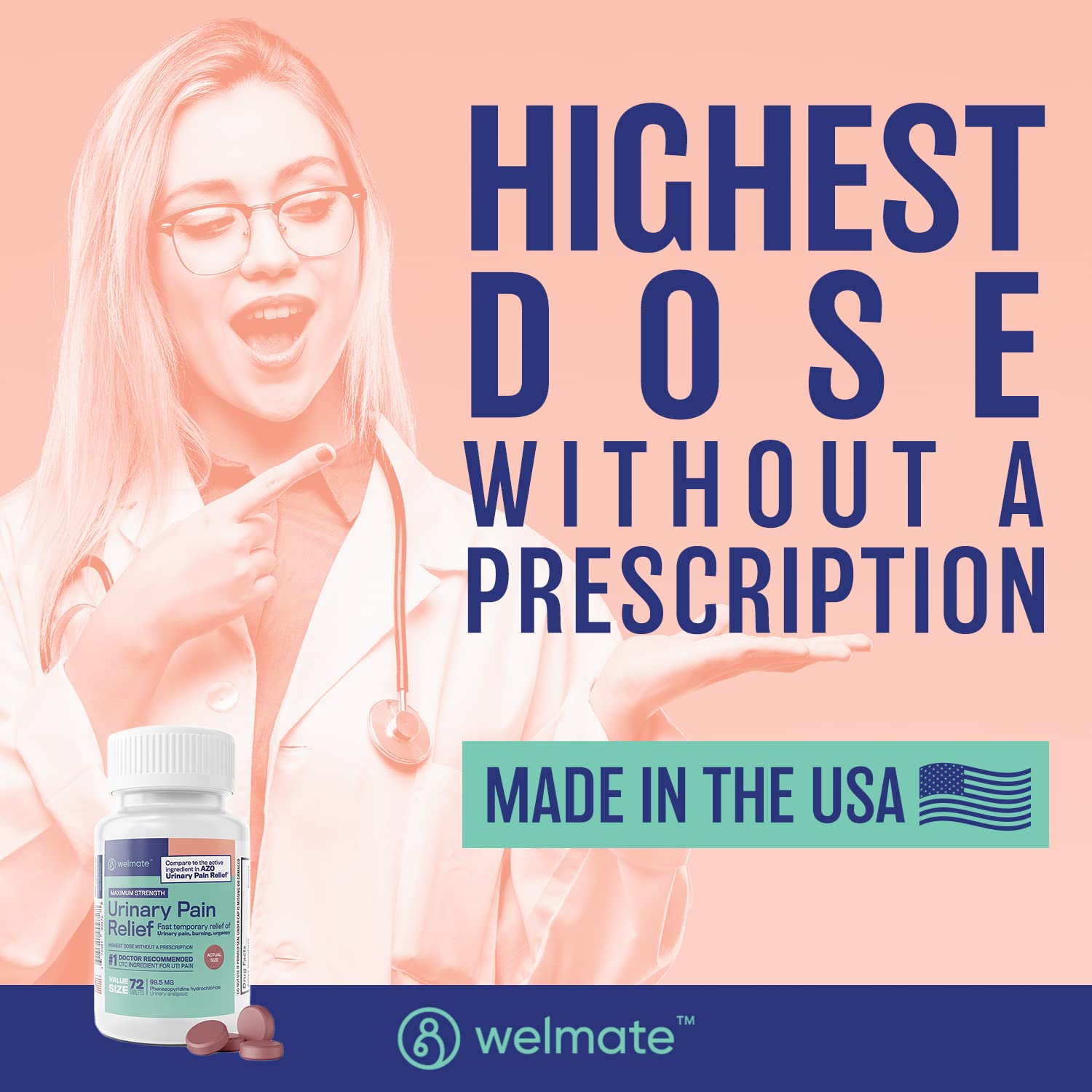 WELMATE Urinary Pain UTI Relief Maximum Strength (Phenazopyridine HCL) - Improve Urinary Tract Health & Bladder Control, Urgency, & Discomfort | Over-The-Counter Medication for Men & Women (72 Pills) WELMATE buy supplements canada