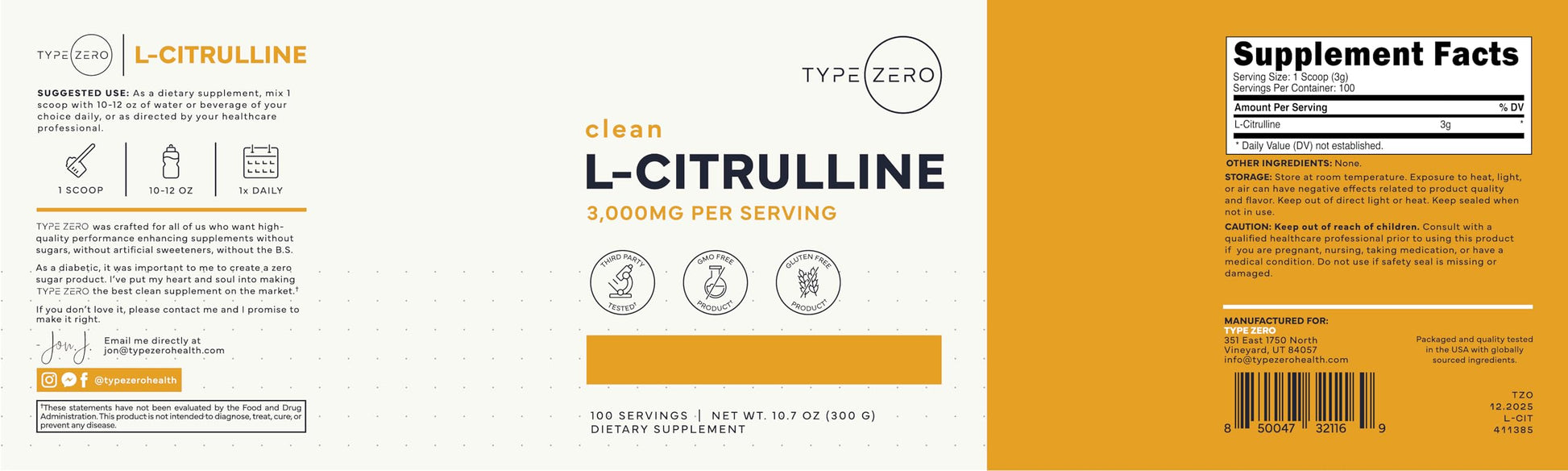 Type Zero L-Citrulline Base Powder, 3,000mg Per Serving - 100 Servings Type Zero buy supplements canada