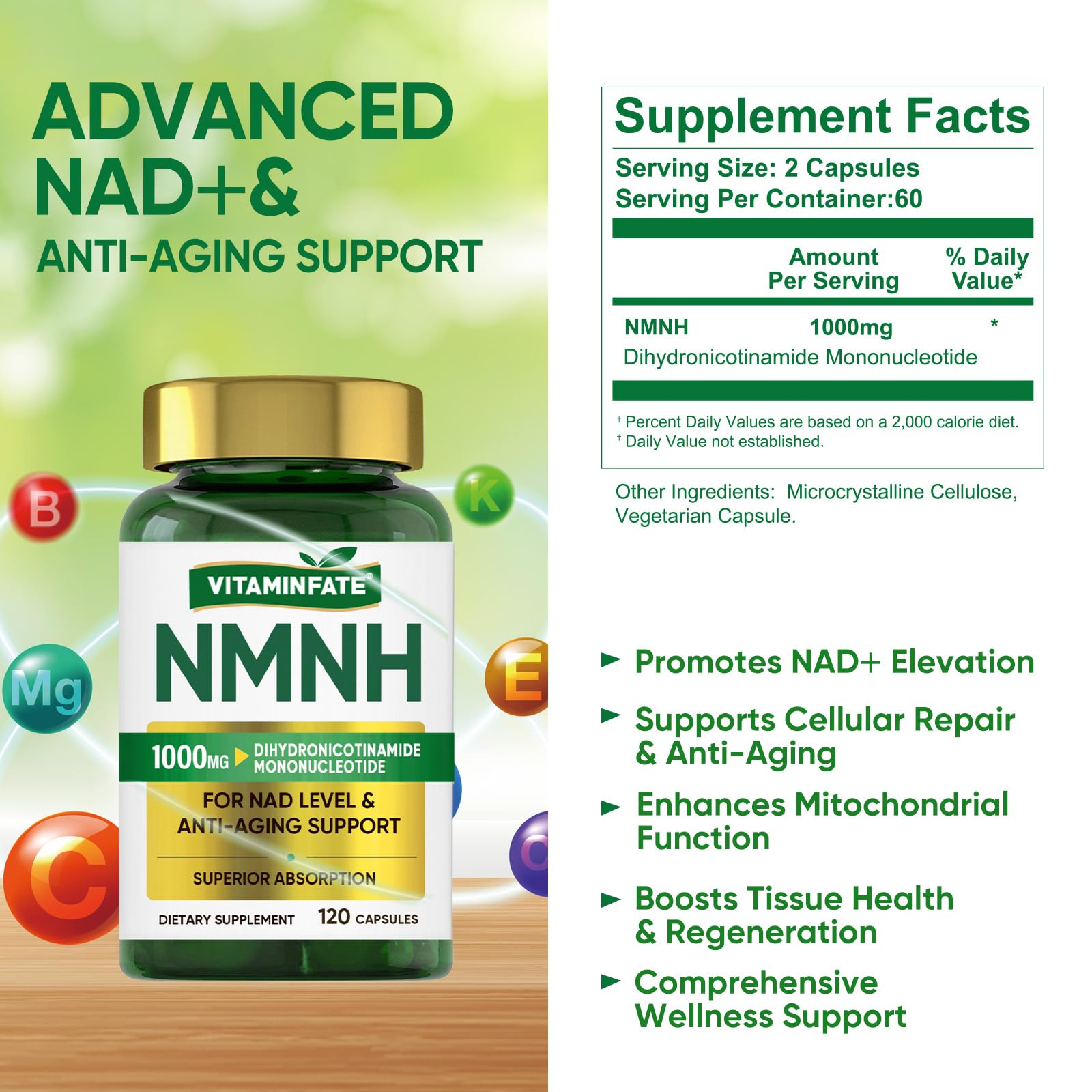 VITAMINFATE NMNH Supplement 1000 mg - 120 Capsules | NMN Alternative | Supports Anti-Aging, Cellular Energy and Repair, Metabolism & Brain Boost VITAMINFATE buy supplements canada