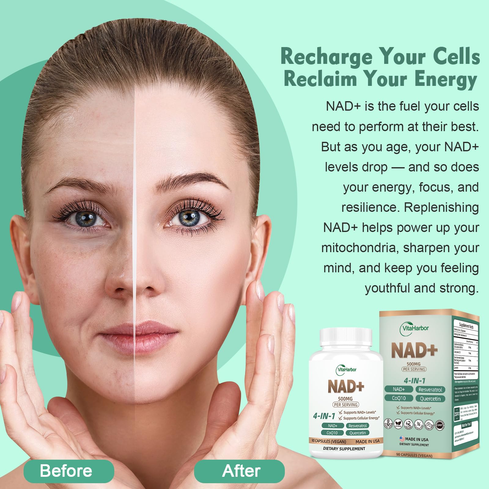 NAD Supplement 500mg, Pure Organic NAD+ Supplement for Women & Men, NAD+ with Trans-Resveratrol & CoQ10 & Quercetin for Cellular Energy & Healthy Aging, NMN Alternative (90 Vegan Caps) VitaHarbor buy supplements canada