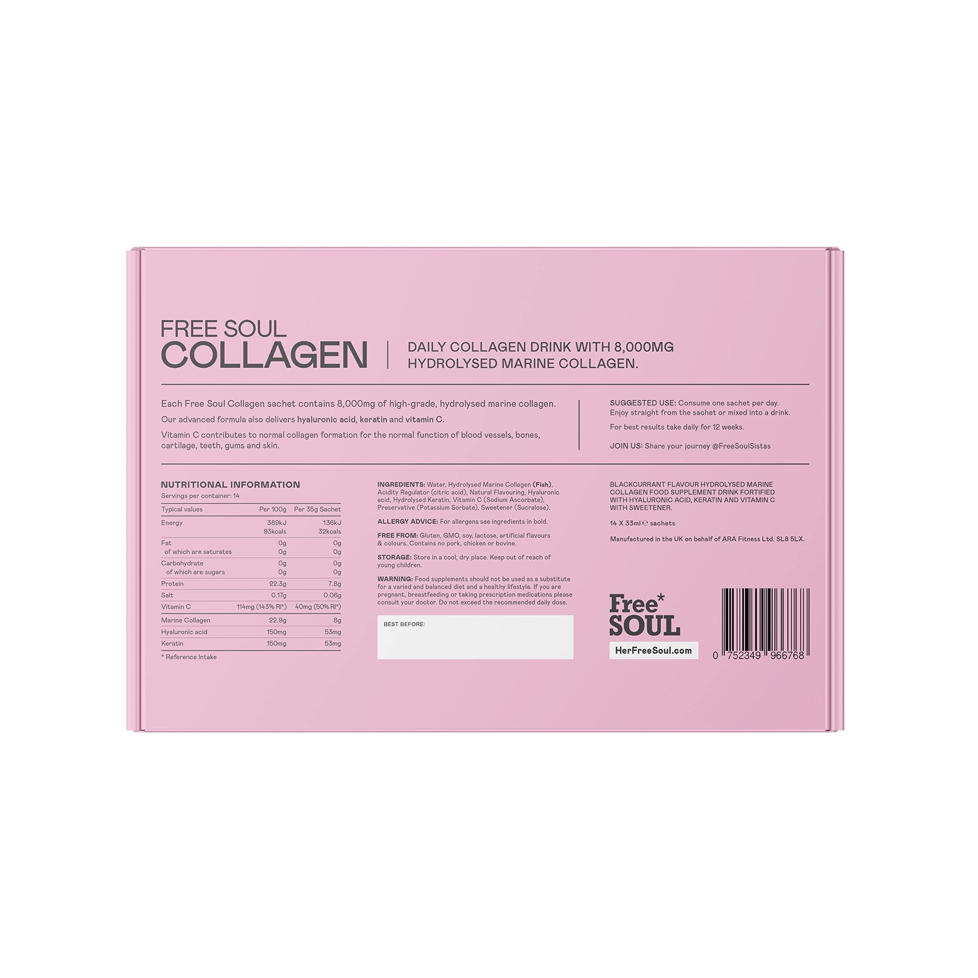 Marine Collagen Liquid 8000mg with Hyaluronic Acid, Keratin, & Vitamin C, 14 x 8000mg Hydrolysed Collagen Free Soul buy supplements canada