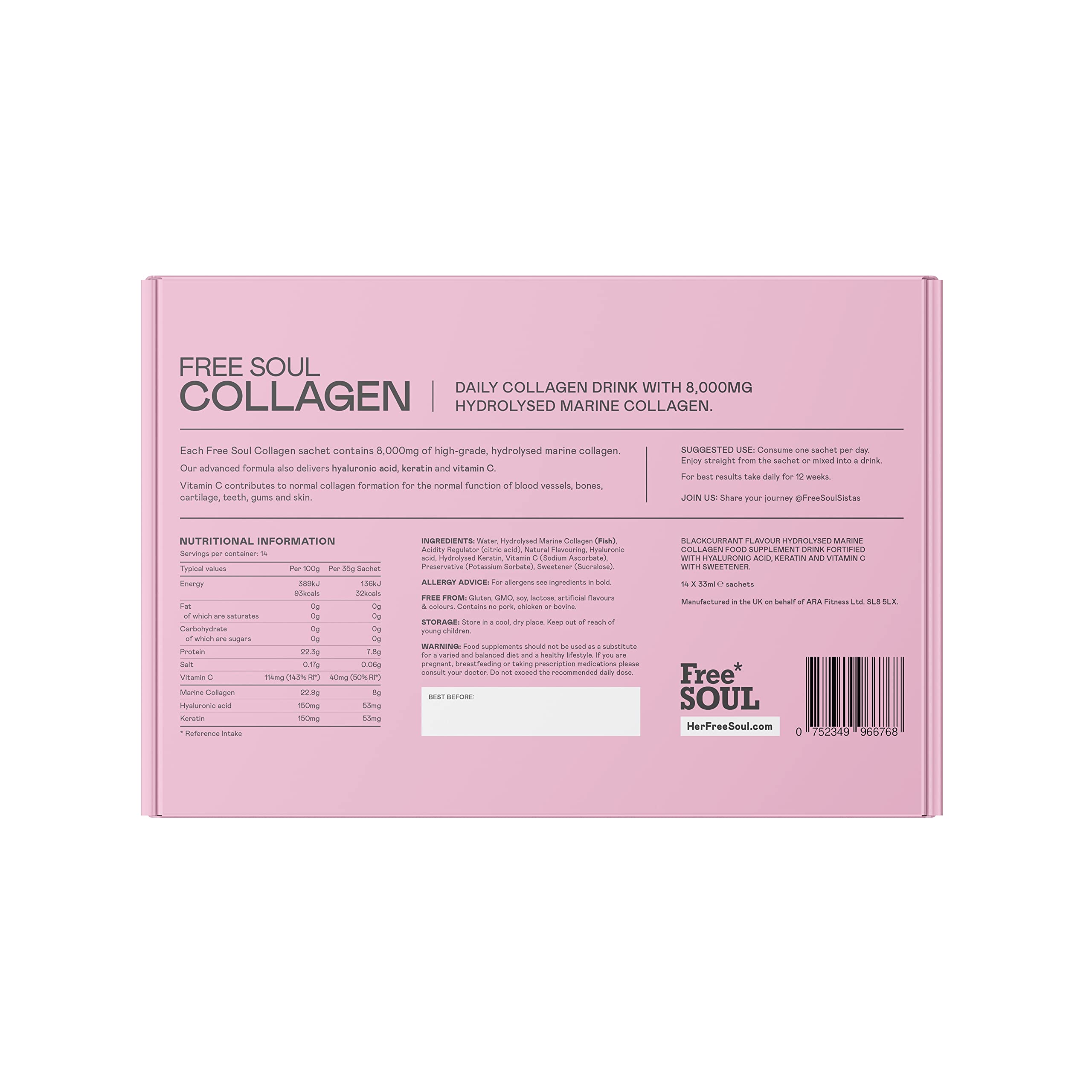 Marine Collagen Liquid 8000mg with Hyaluronic Acid, Keratin, & Vitamin C, 14 x 8000mg Hydrolysed Collagen Free Soul buy supplements canada
