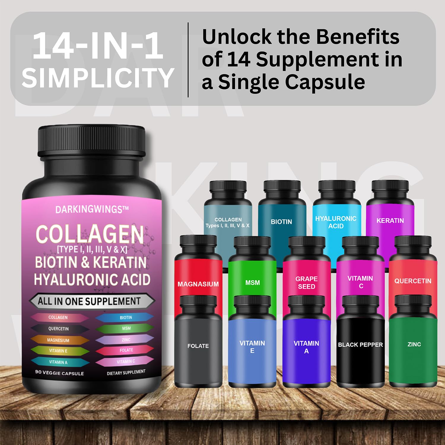 Multi Collagen Pills Peptides Types I, II, III, V & X MCG Biotin Keratin Hyaluronic Acid MSM Vitamin C Zinc Magnesium with Grape Seed Extract, Quercetin - Hair Skin and Nails Vitamins Capsule Darkingwings buy supplements canada