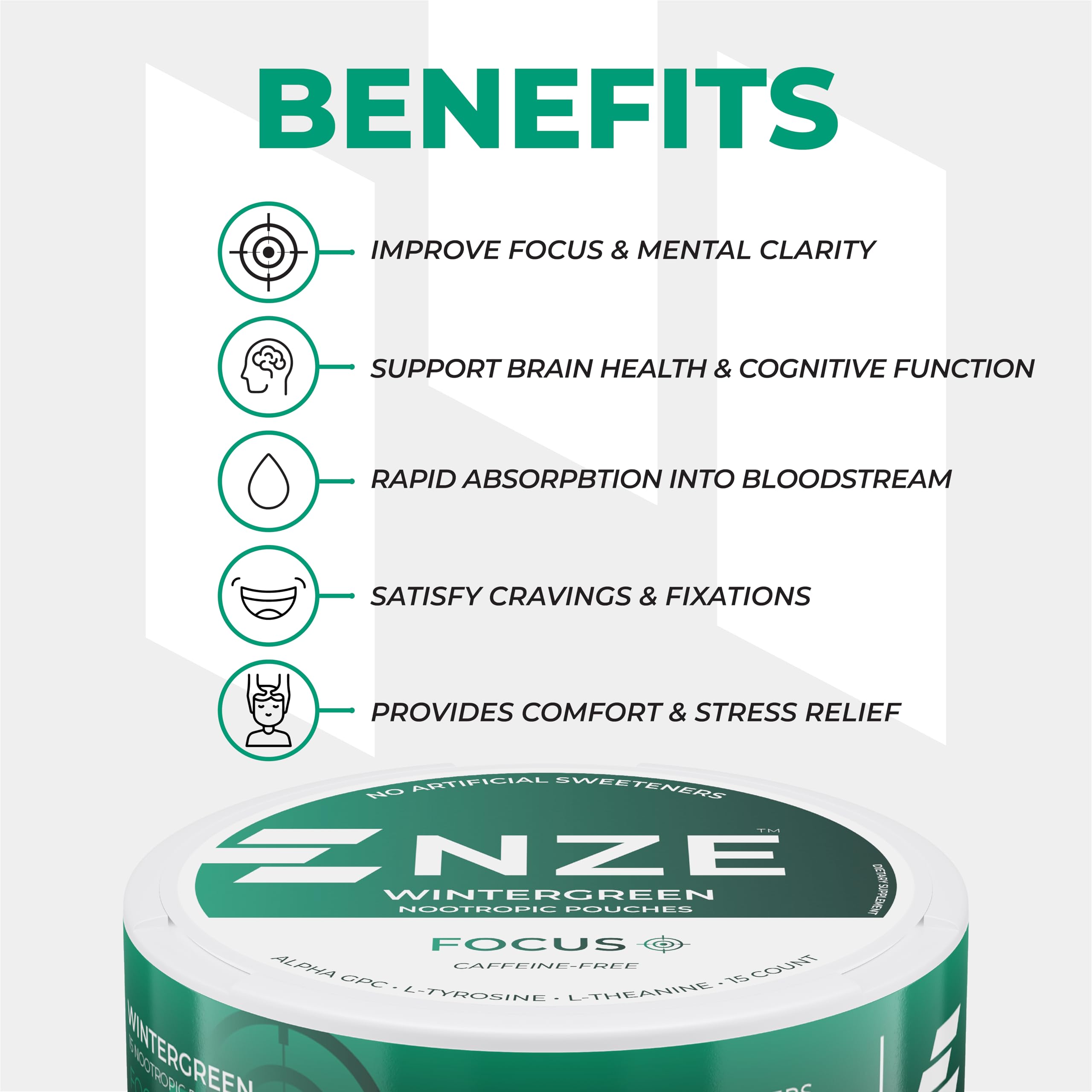 NZE Caffeine Free Nootropic Pouches (Wintergreen) - Nootropic Pouches with Alpha GPC, L-Tyrosine & L-Theanine - No Sugar or Artificial Sweeteners - 15 Pouches Per Can - 5 Pack NZE buy supplements canada