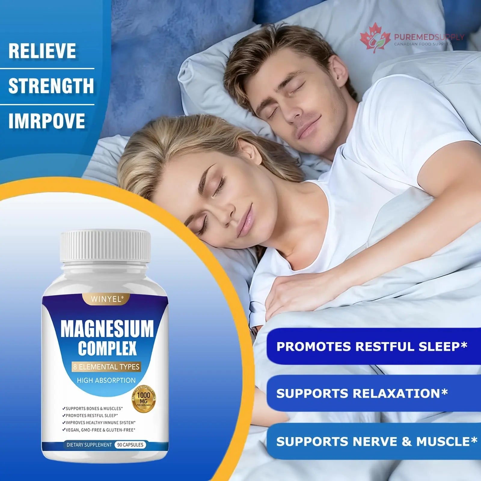 Magnesium Complex Supplement 8 Elemental 1000mg | Magnesium Supplement with Glycinate, Malate, Citrate | Sleep, Relaxation, Bone & Muscle | Vegan 90 Capsules WINYEL buy supplements canada