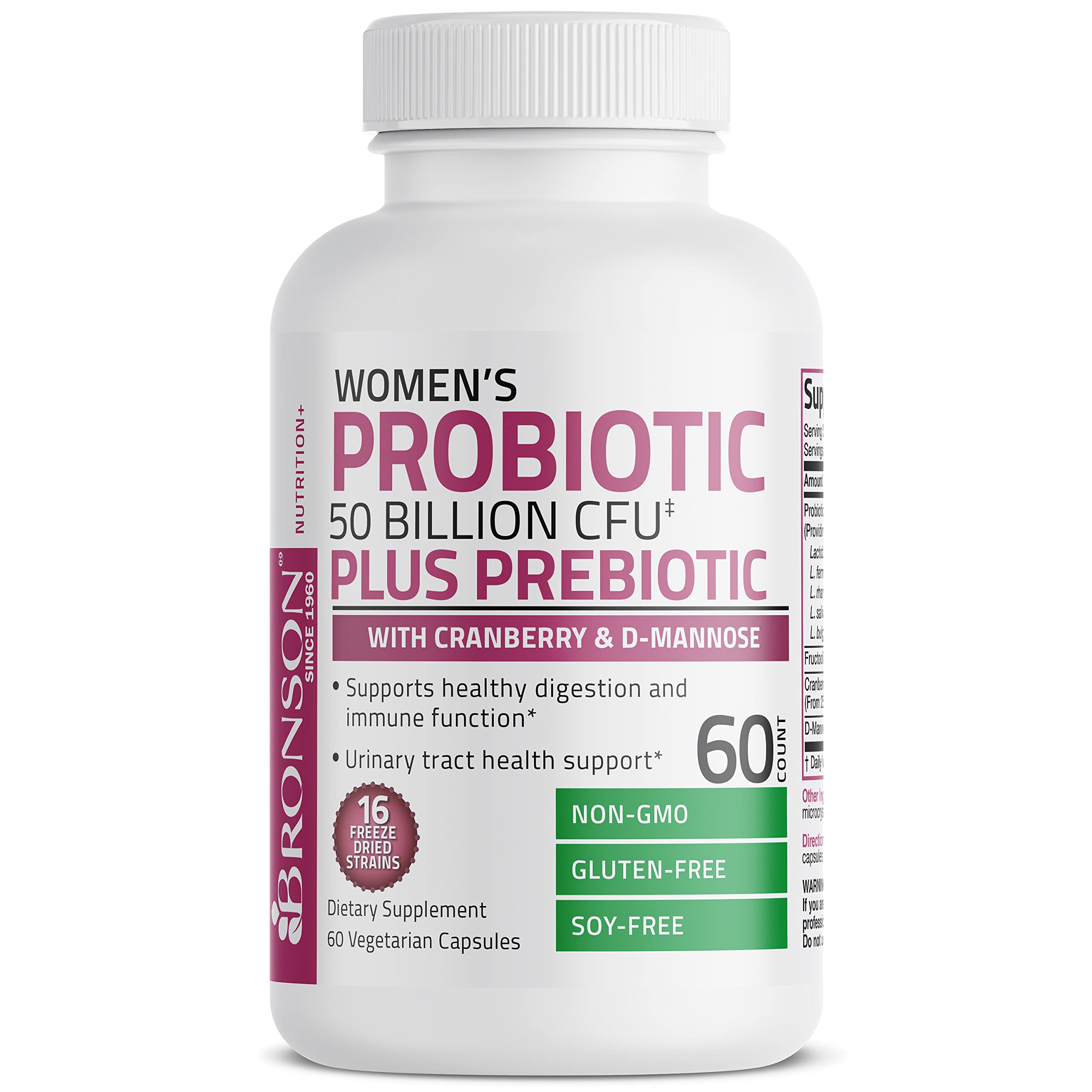 Bronson Women's Probiotic 50 Billion CFU + Prebiotic with Cranberry & D-Mannose – Vaginal Health, Healthy Digestion, Immune Function and Urinary Tract Support, Non-GMO, 60 Vegetarian Capsules Bronson buy supplements canada
