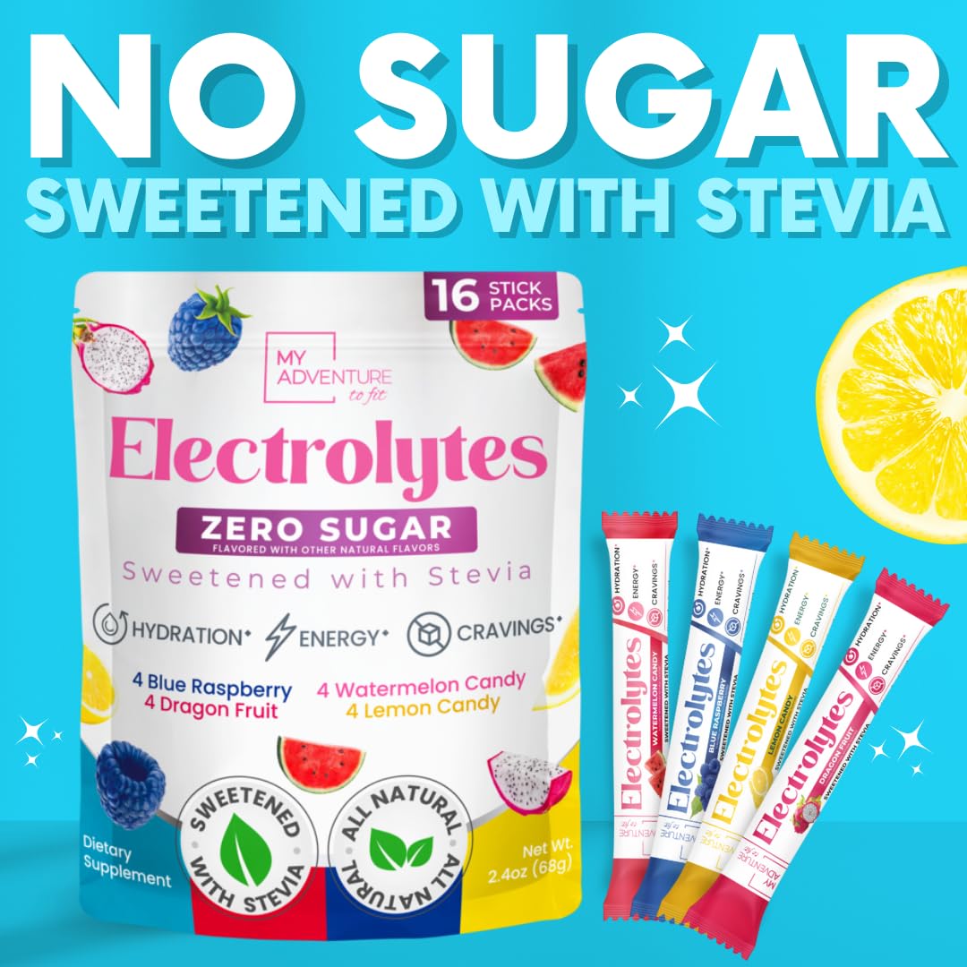 My Adventure to Fit Electrolytes Powder Packets – 16 Sugar-Free Hydration Packets, Potassium Supplement, Watermelon Candy, Blue Raspberry, Lemon Candy, Dragon Fruit My Adventure to Fit buy supplements canada