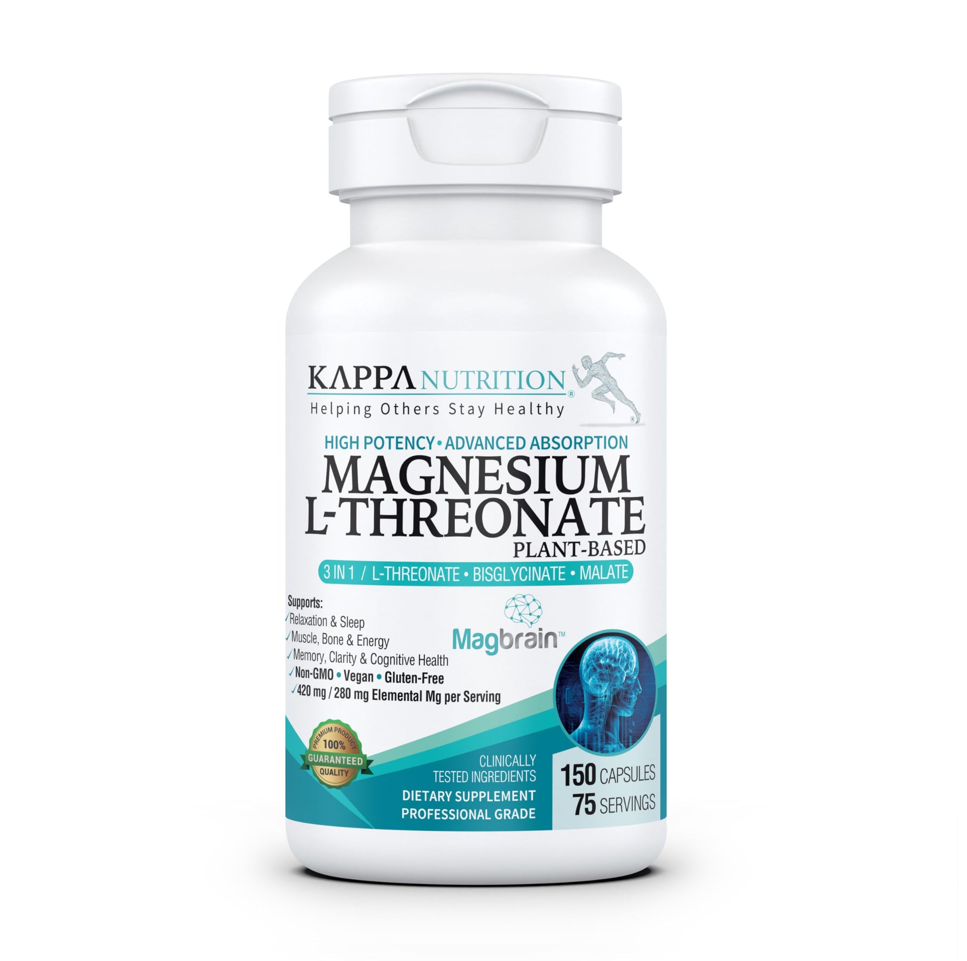 Kappa Nutrition Powered by Magbrain™ Magnesium L-Threonate Plant-Based, 150 Vegan Capsules, 420mg Elemental Magnesium (3 Capsules) from 2,253mg, Brain, Sleep & Muscle Support. KAPPA NUTRITION buy supplements canada