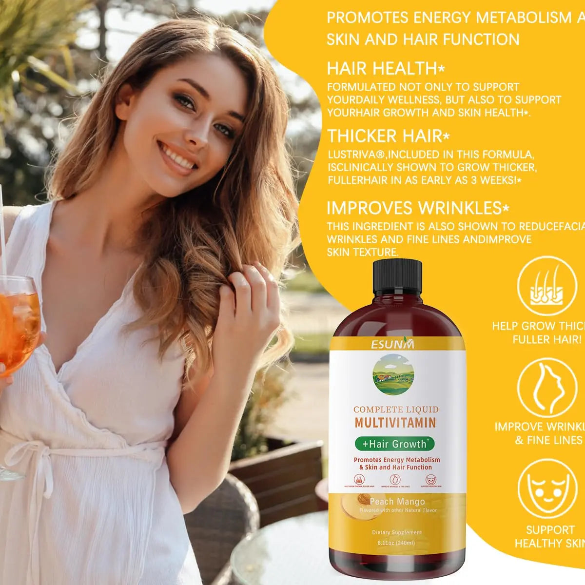 ESUNM Complete Liquid Multivitamin + Hair Growth, Promotes Energy Metabolism& Skin and Hair Function| Vitamin C D | B Vitamins | ESUNM buy supplements canada