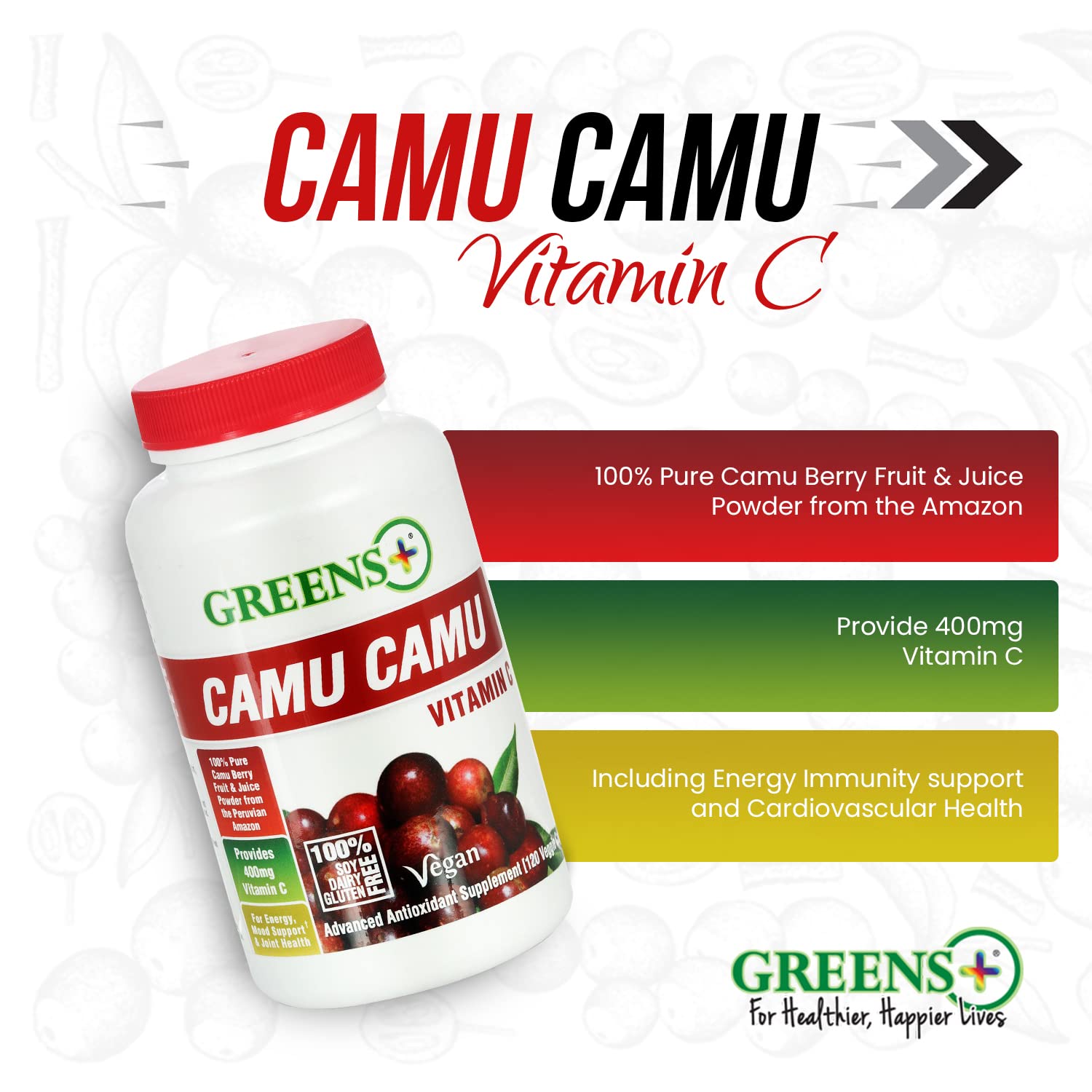 Greens+ Organic Reds Superfood Powder Camu Camu Dietary 400mg Vitamin C SuperFruit Supplement 120 Capsules, 100% Natural, Vitamins & Minerals, Vegan, Soy/Dairy/Gluten Free Greens+ buy supplements canada