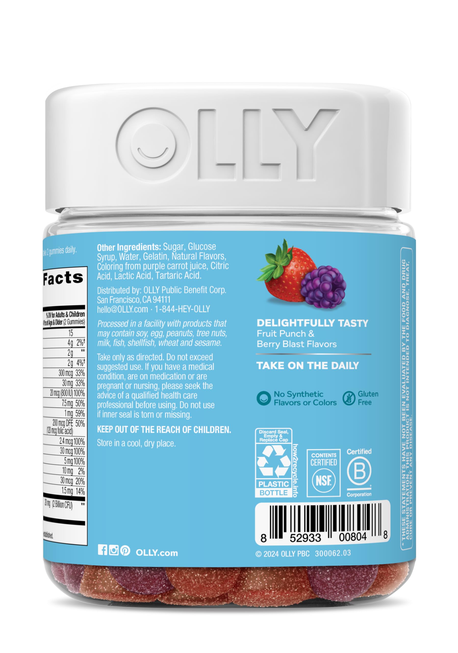OLLY Kids Multivitamin & Probiotic Gummy, Digestive Support, Vitamins A, D, C, E, B, Zinc, Chewable Supplement, Berry Flavor, 50 day supply - 100 Count OLLY buy supplements canada