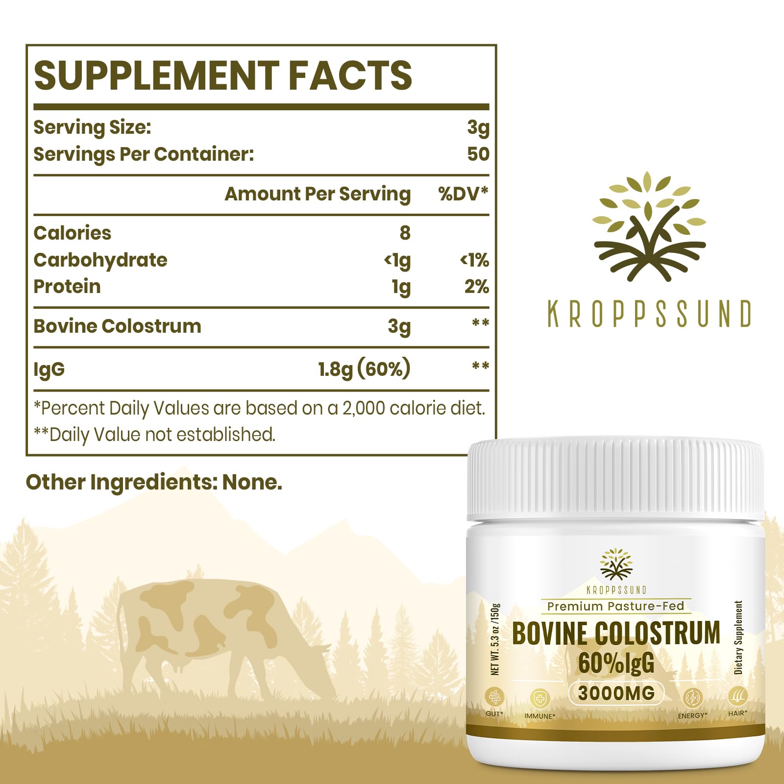 Kroppssund Bovine Colostrum Powder Supplement 3000 mg - Extra High 60% IgG Bovine Colostrum - Gut, Bone, Exercise, Immune - 50 Servings (1 Bottle) Kroppssund buy supplements canada