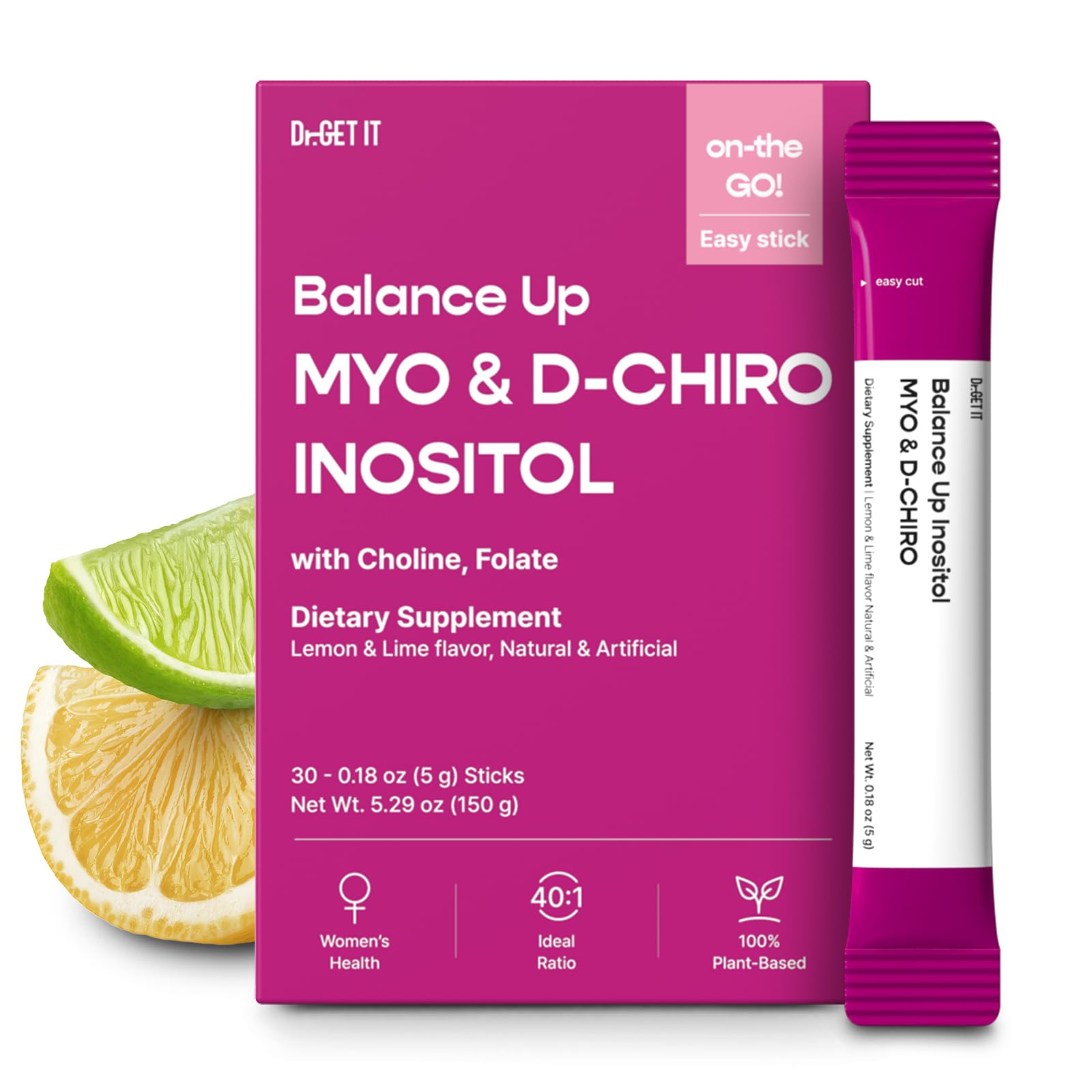 Dr.GET IT Balance Up Inositol 40:1 Myo & D-Chiro with Folate & Choline – Hormone Balance & Reproductive Health Support for Women – Lemon Lime Stick Powder, 30 Servings Dr.GET IT buy supplements canada