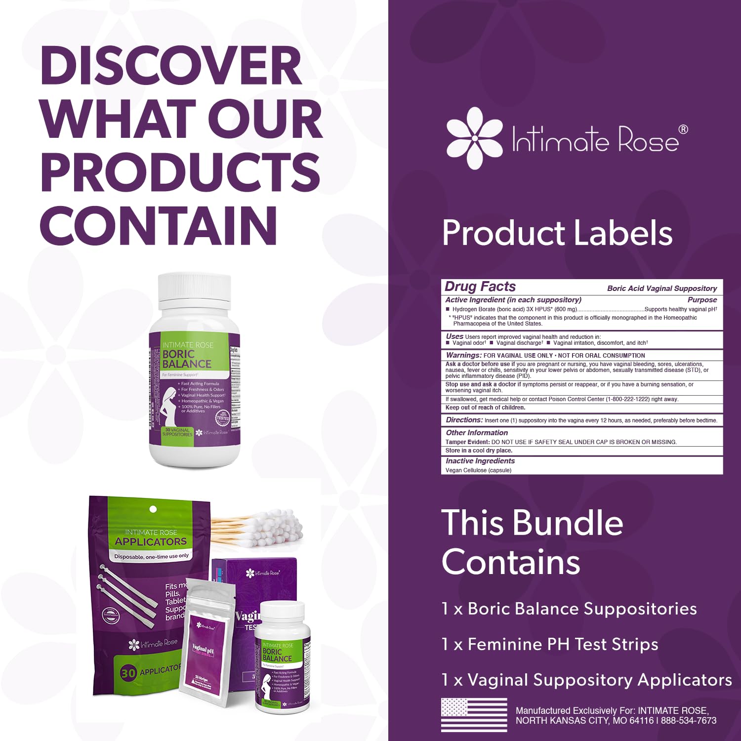 Intimate Rose Boric Acid Suppositories + 15 Count Vaginal Suppository Applicator + pH Test Strips Intimate Rose buy supplements canada