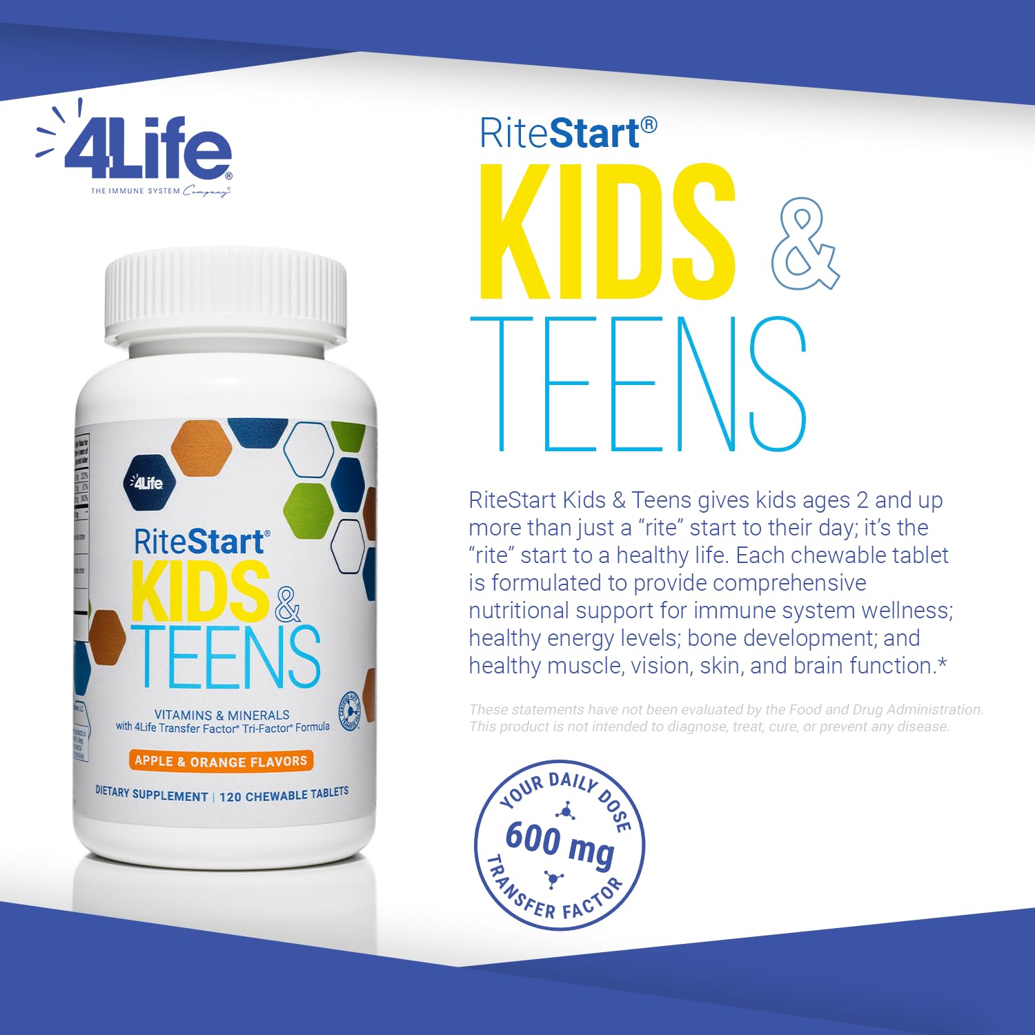 4Life RiteStart Kids and Teens- Apple, Orange Flavors, 22 Essential Vitamins, Minerals, Immune System and Brain Support Ages 2+ - 120 Chewable Tablets 4Life buy supplements canada