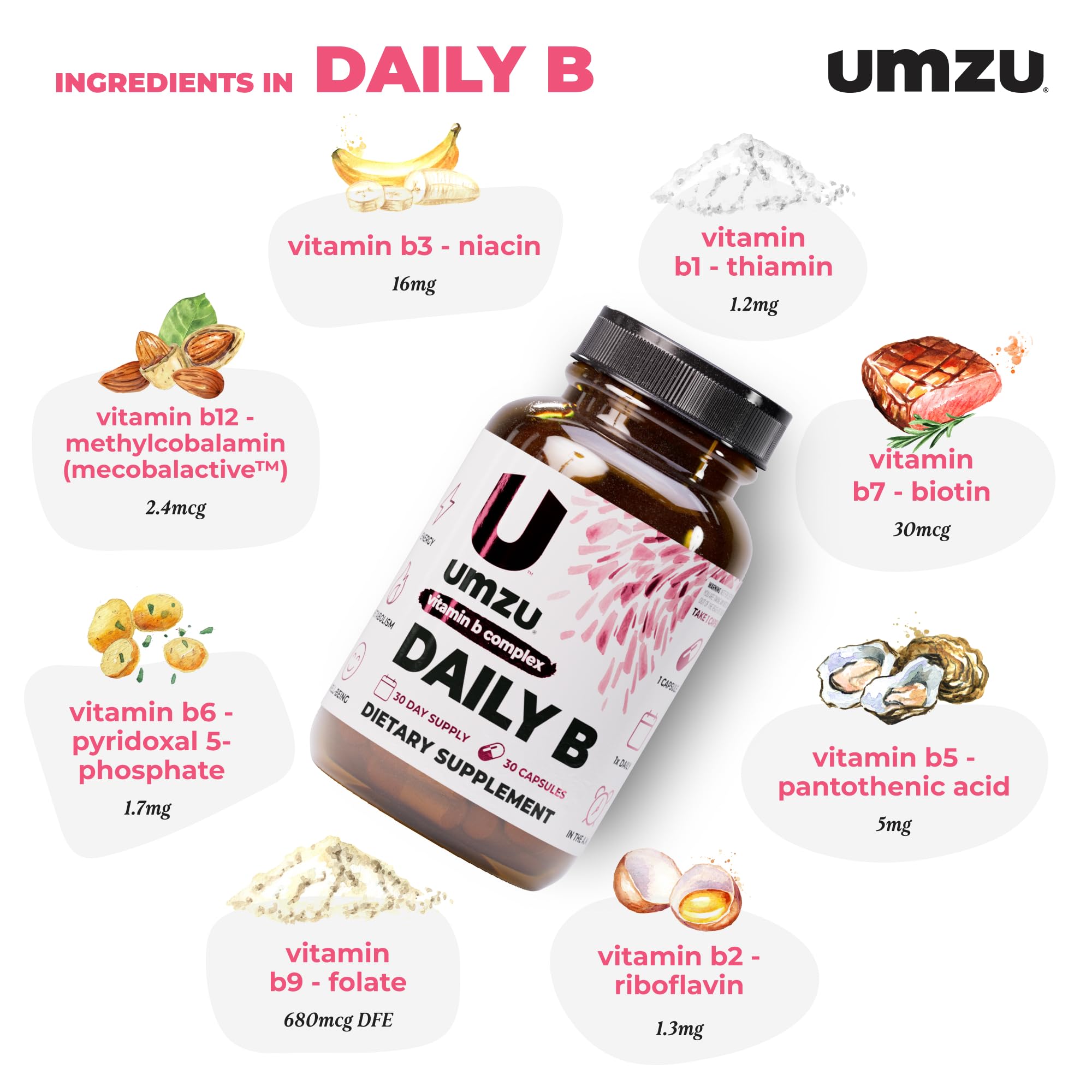 UMZU Daily B, 30 Day Supply – Complete Vitamin B Complex Supplement Blend with B1, B2, B3, B5, B6, B7, B9 & B12 Plus Folic Acid & Biotin – Supports Energy, Focus, Mood, UMZU buy supplements canada