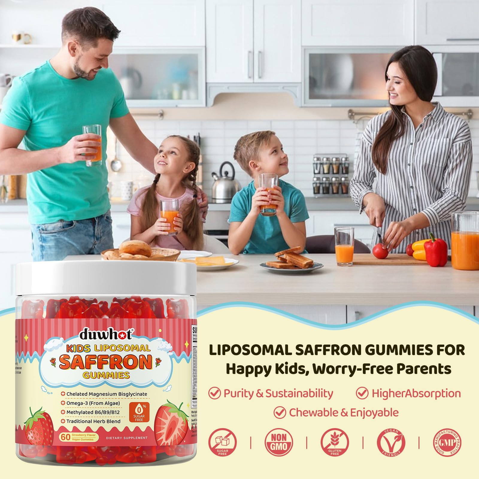 Liposomal Saffron Gummies for Kids 4+, Saffron Supplements w/Holy Basil, Rosemary, Magnesium Glycinate, Omega-3 & More, Brain Focus Support Supplement, Vegan, Organic, Sugar Free, 60 Chewables duwhot buy supplements canada