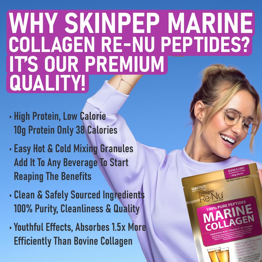 Premium Hydrolysed Marine Collagen Peptide Powder + VIT C, B Complex Hyaluronic Acid, & Stevia. Delicious Taste/No Fishy Smell - SkinPep® Collagen Re-Nu 300g - 30 Days Supply SkinPep buy supplements canada
