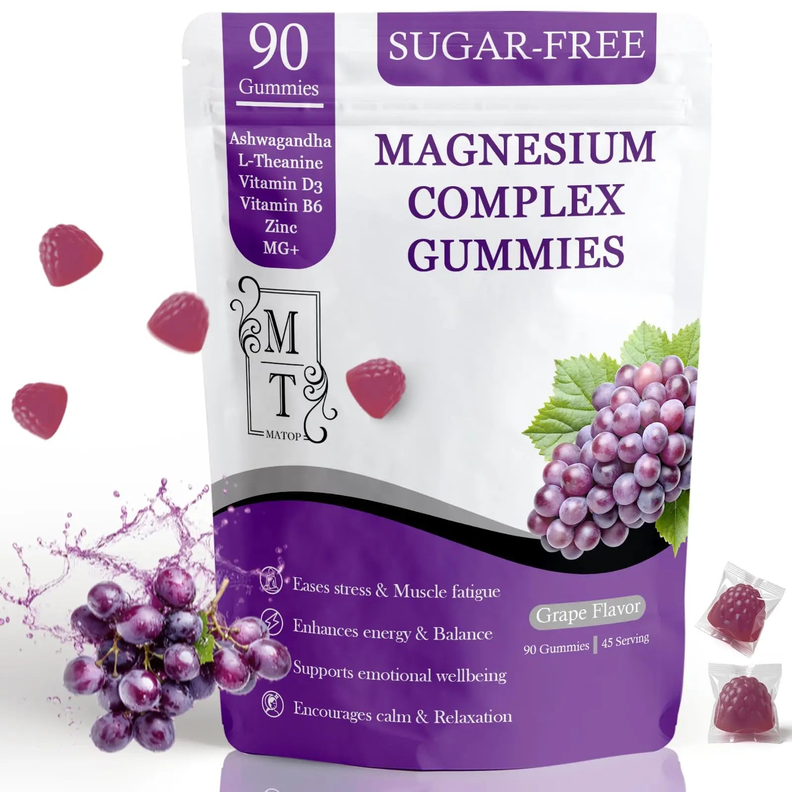 MATOP Magnesium Complex for Women Gummies - 8 in 1 Triple Magnesium Complex (Glycinate, Malate, Citrate) with L-Theanine, Ashwagandha, Vitamin D3, B6 & Zinc - Stress, Calm & Focus - 90 Vegan Gummies MATOP buy supplements canada