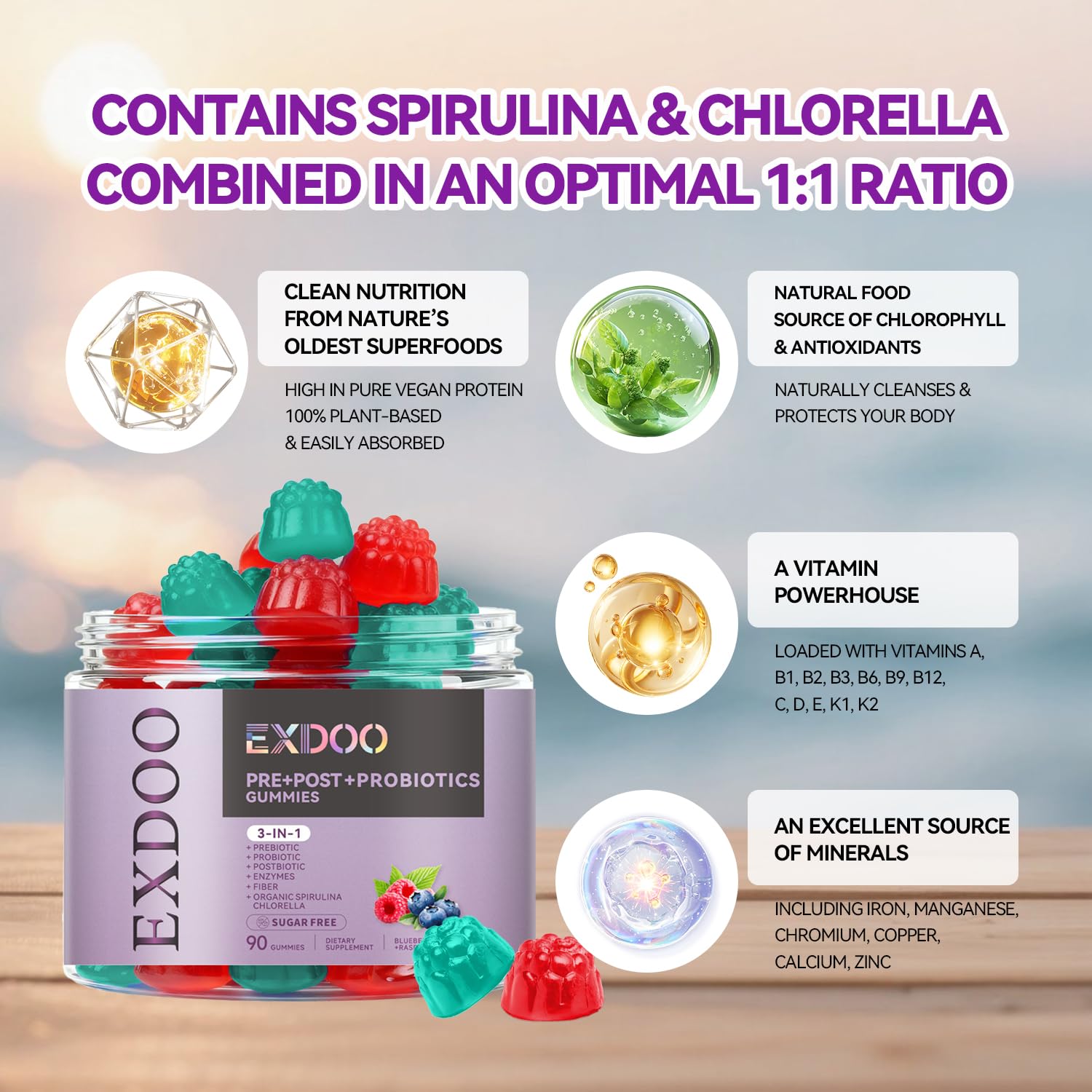 exdoo 3-in-1 Probiotic Gummies Prebiotic+Probiotic+Postbiotic with Organic Spirulina Chlorella Immune Gut & Digestive Support 90 Count exdoo buy supplements canada