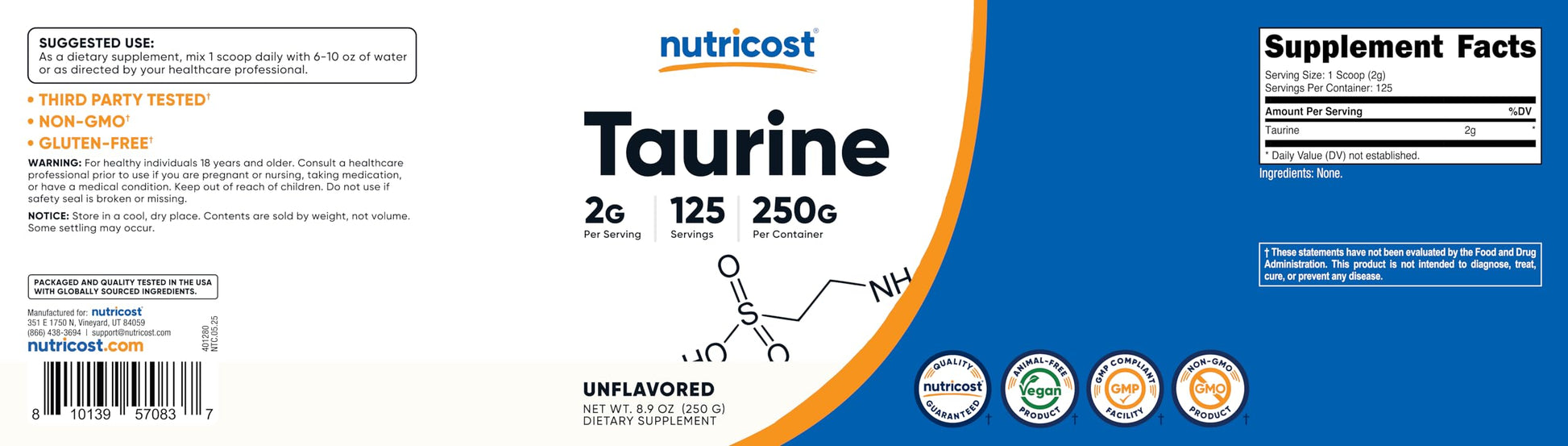 Nutricost Taurine Powder 250 Grams - 125 Servings, 2000mg Per Serving Nutricost buy supplements canada