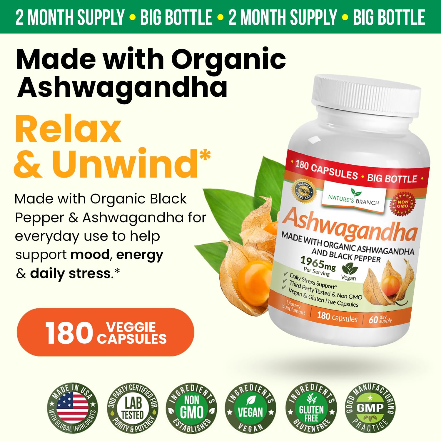 UDAF Certified Organic Ashwagandha with Black Pepper, 1965mg - Extra Strength for Stress, Sleep, Mood, Thyroid, Energy, Hair, Vegan Pure Root Extract Powder Supplement for Men and Women | 180 Capsules NATURE'S BRANCH buy supplements canada