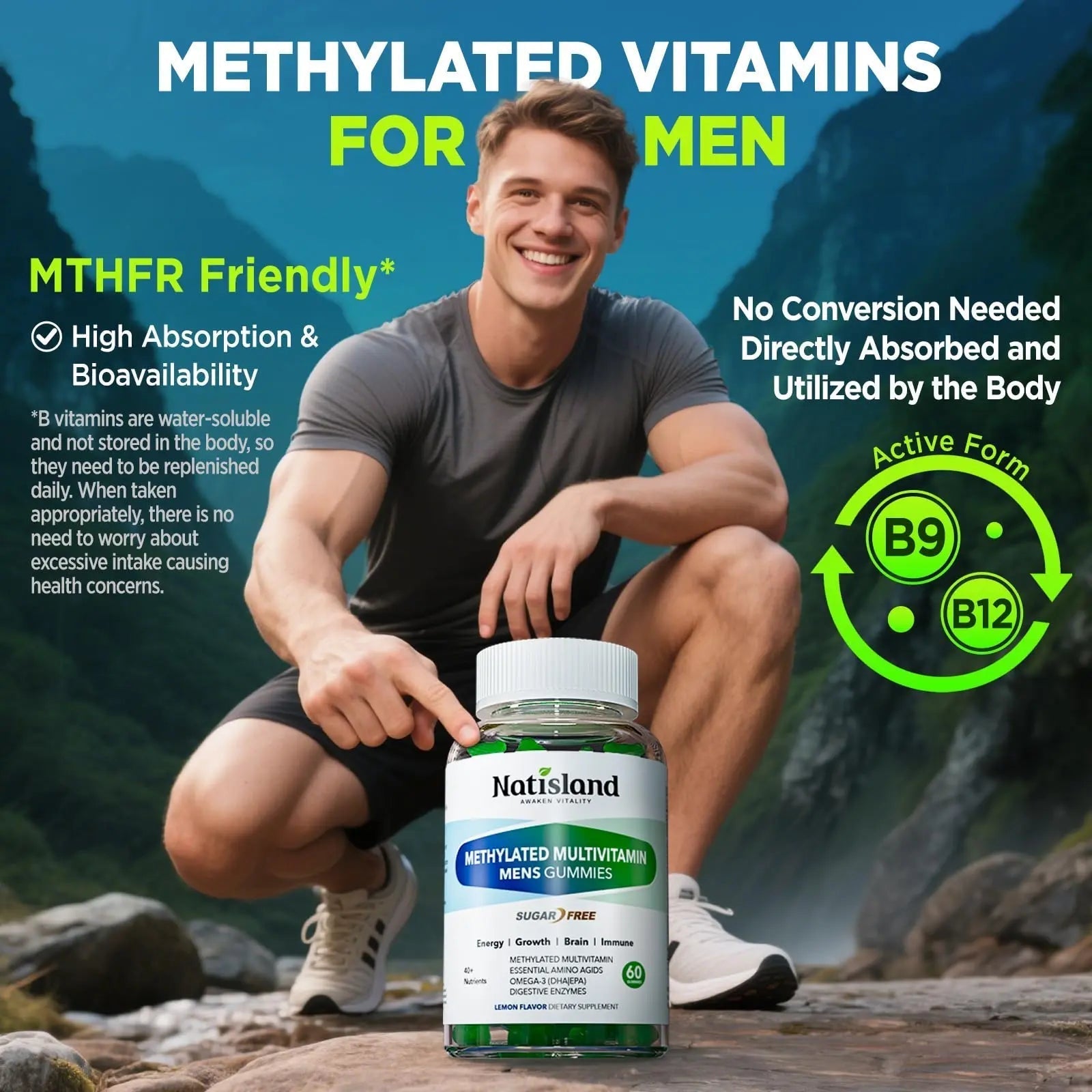Methylated Multivitamin for Men Gummies, Men`s Multivitamins Gummies with Vitamin B Complex, A, C ,D3, E, K2, Calcium, Magnesium, Omega-3 NATISLAND buy supplements canada