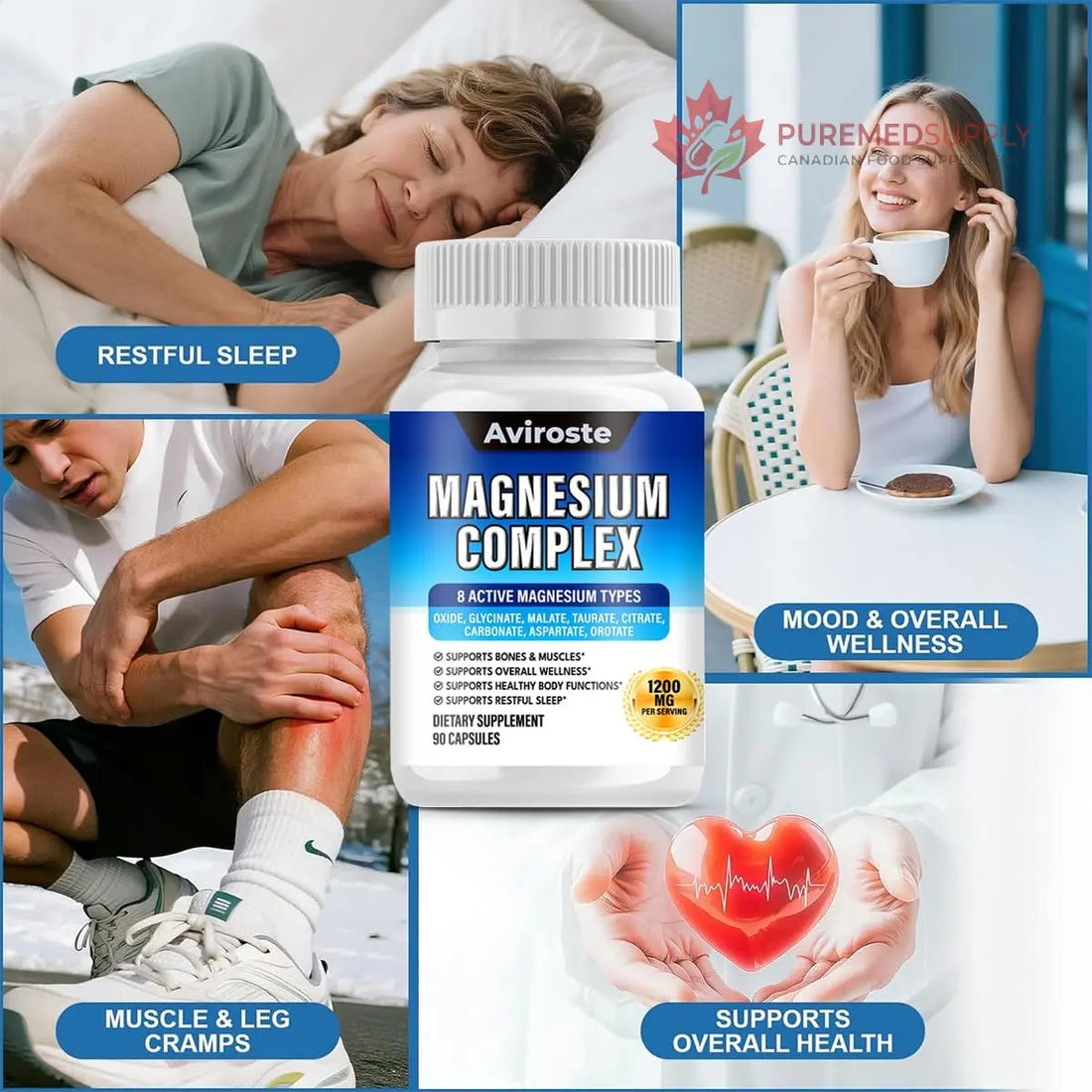 8 in 1 Magnesium Complex Supplement - 8 Elemental 1000mg - Magnesium Glycinate, Citrate, Malate, Taurate - High Absorption,for Muscle, Nerve & Sleep Support - 90 Capsules Aviroste buy supplements canada