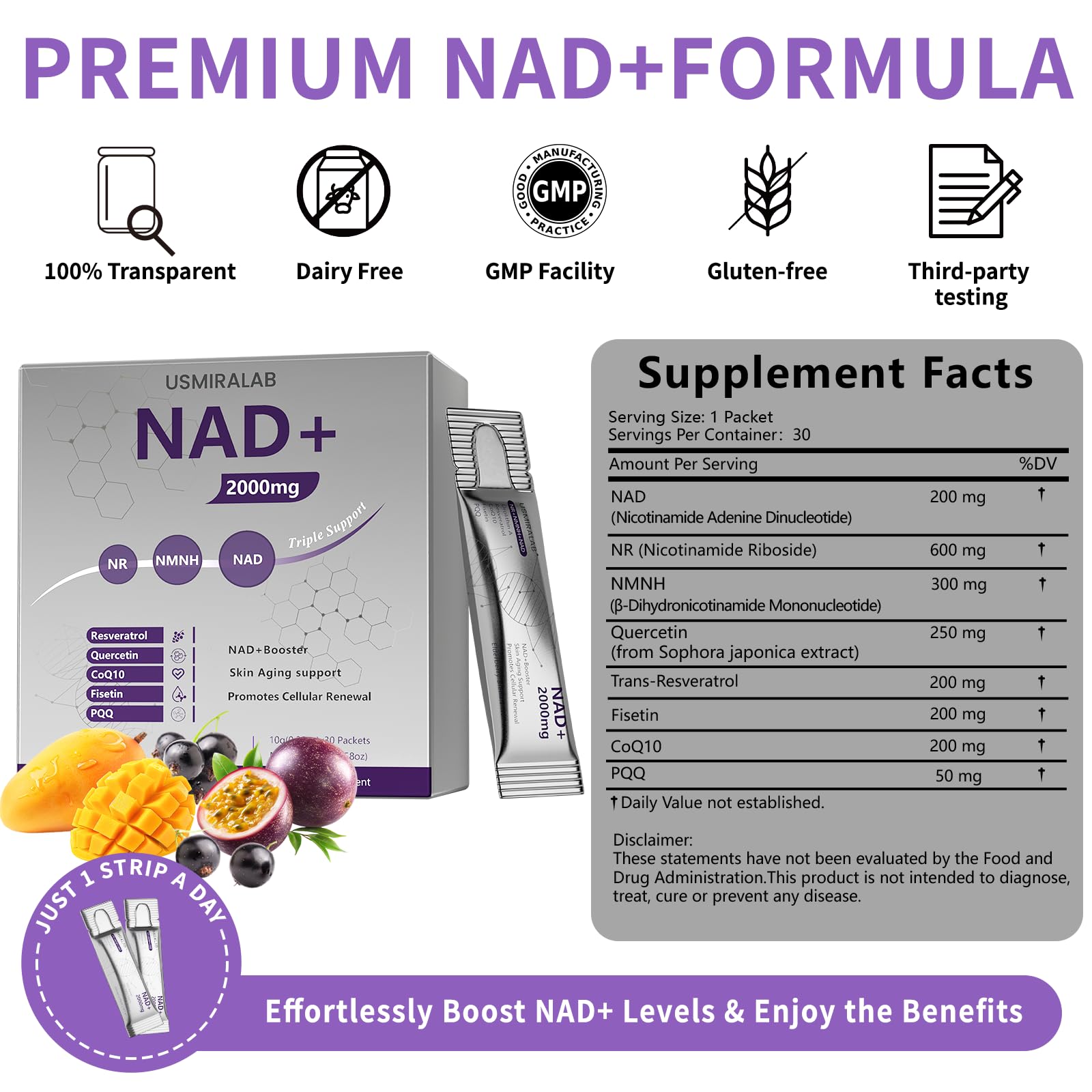 NAD+ Supplement Packets | 1000mg Liquid | Advanced Nicotinamide Riboside, Trans-Resveratrol, PQQ & Quercetin Complex for Cellular Energy & Healthy Aging Support - 2 Flavors (30 Count) USMIRALAB buy supplements canada