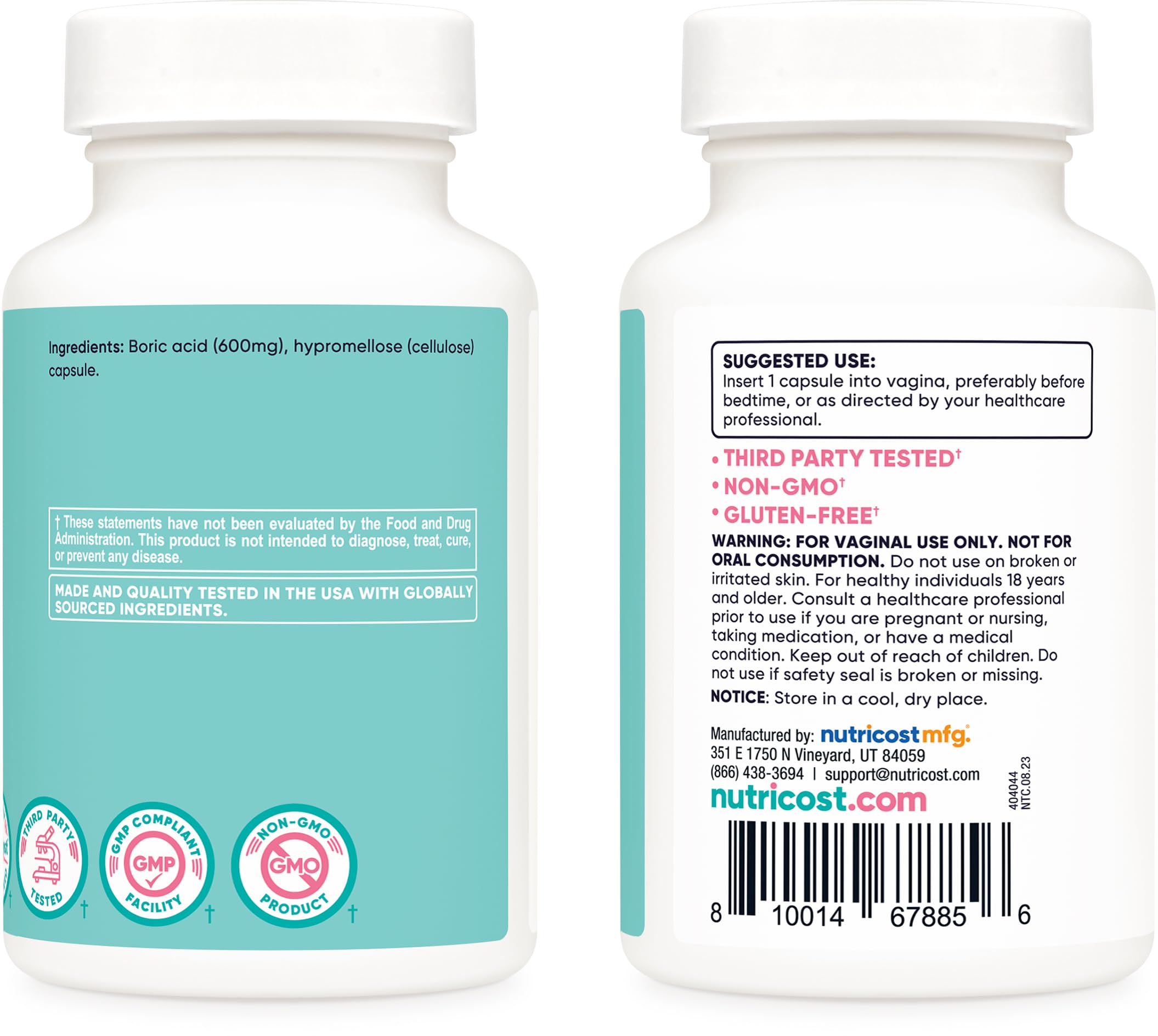 Nutricost Boric Acid 600mg, 60 Capsules - Vaginal Suppository - Non-GMO - for Women Nutricost buy supplements canada