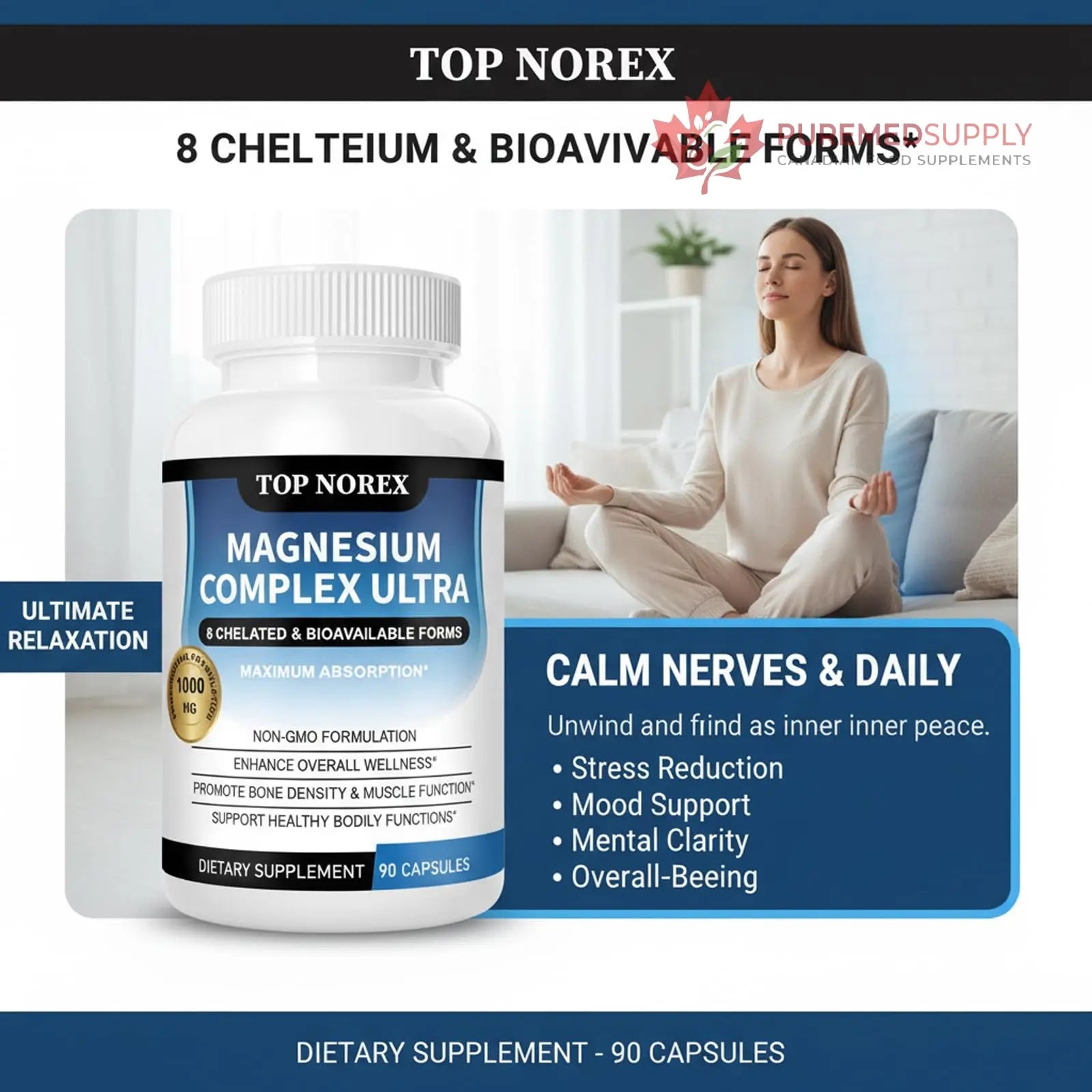 Top Norex Magnesium Complex Ultra - 8 Elemental 1000mg Magnesium Blend, Easy Absorption, 90 Capsules (1) Top Norex buy supplements canada