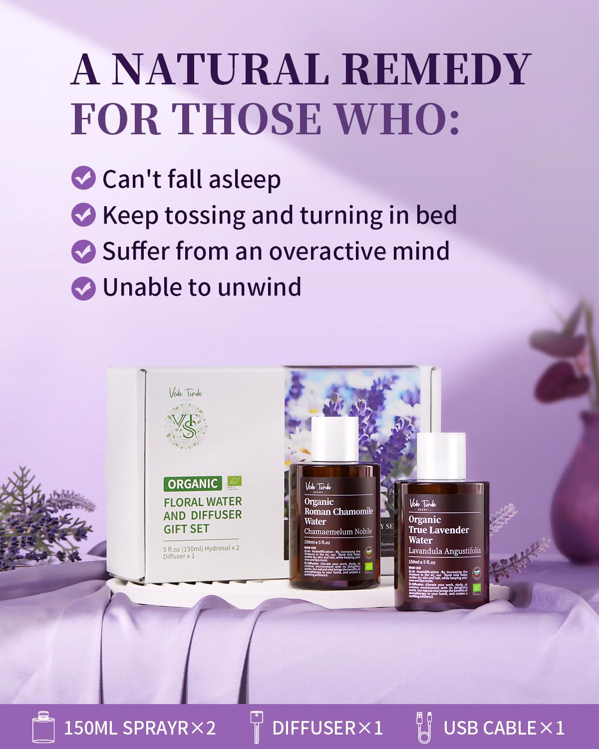 VTS Organic Lavender Water and Roman Chamomile Floral Water with Diffuser, Aromatherapy Air VEDA TINDA SCENT buy supplements canada
