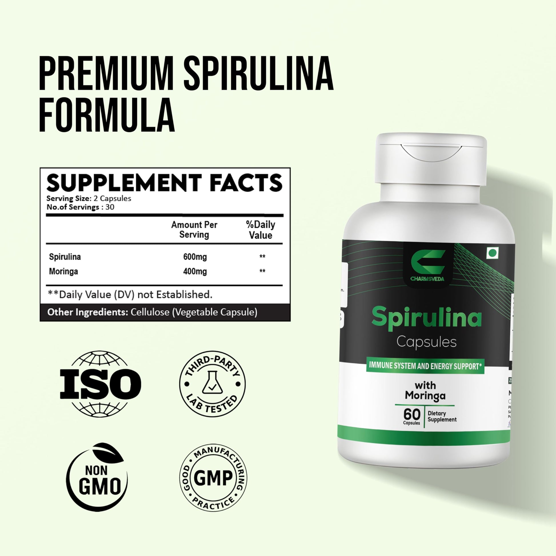 CHARMSVEDA Spirulina Capsules with Moringa – Herbal Immune Support* – 60 Vegan Capsules CHARMSVEDA buy supplements canada