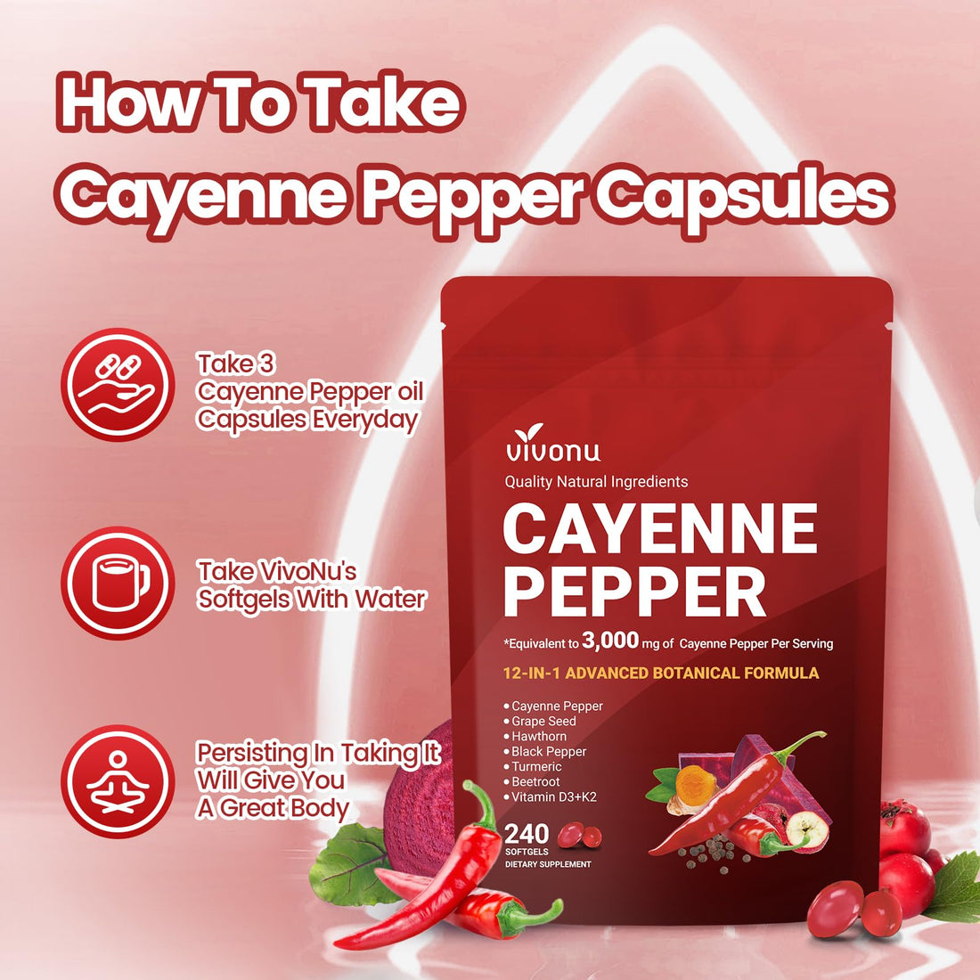 VivoNu Cayenne Pepper Softgels Supplement, Supports Leg Vein, Heart and Blood Vessel Health, with Vitamin E D3+K2 and Extracts of Grape Seed, Hawthorn VivoNu buy supplements canada
