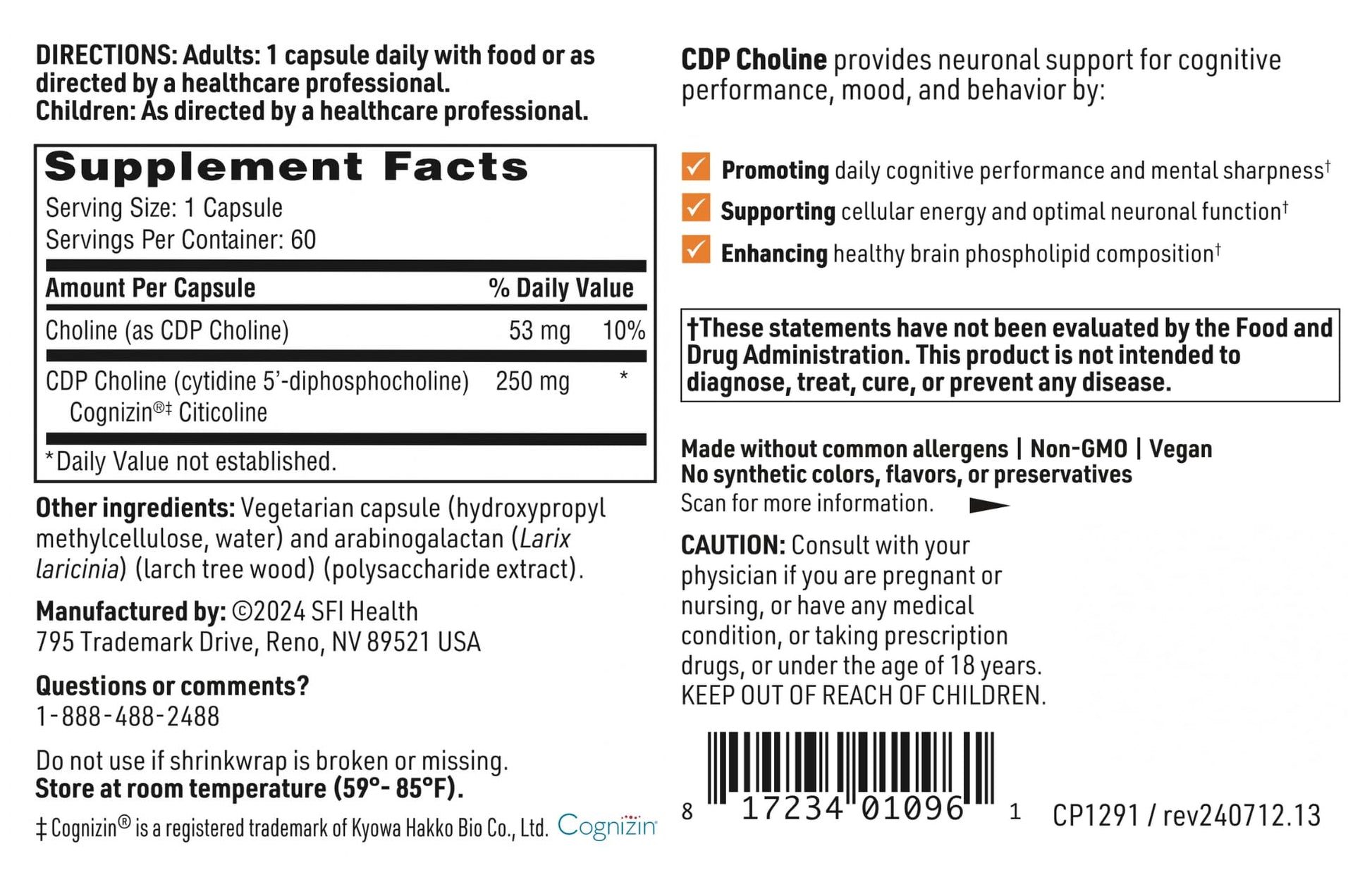 Klaire Labs SFI Health CDP Choline 250mg - Soy-Free Choline Supplements - Cognizin Citicoline to Help Support Memory, Focus & Attention - Bioavailable Active Form, Hypoallergenic (60 Capsules) SFI Health buy supplements canada
