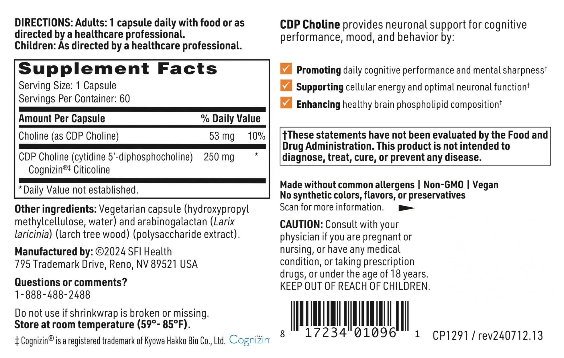 Klaire Labs SFI Health CDP Choline 250mg - Soy-Free Choline Supplements - Cognizin Citicoline to Help Support Memory, Focus & Attention - Bioavailable Active Form, Hypoallergenic (60 Capsules) SFI Health buy supplements canada