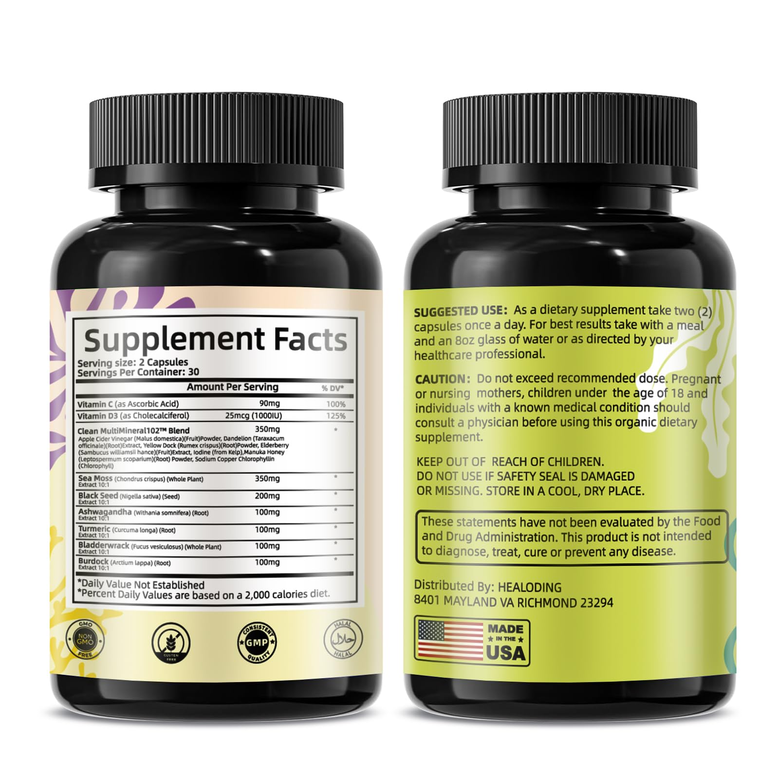 HEALOADING Sea Moss Capsules：Wildcrafted Organic Irish Seamoss & Bladderwack - Rich in Minerals, Supports Thyroid Health, Digestion, Skin & Immune System - Vegan, Non-GMO HEALOADING buy supplements canada