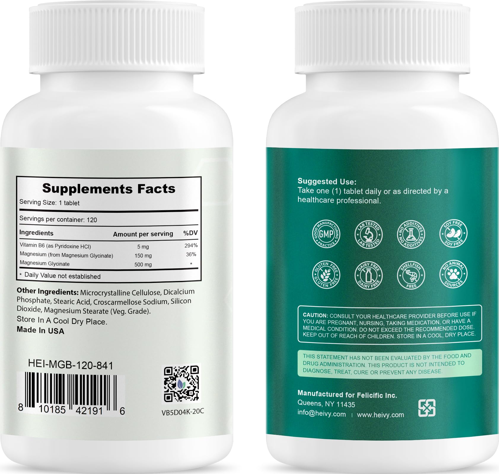 Heivy Pure Magnesium Glycinate 500mg with Vitamin B6, 100% Chelated & Purified Supports Nerve Relife, Sleep Aid & Muscle Support, Vegan & Non-GMO, Made in USA, 3rd Party Tested, 120 Tablets Heivy buy supplements canada